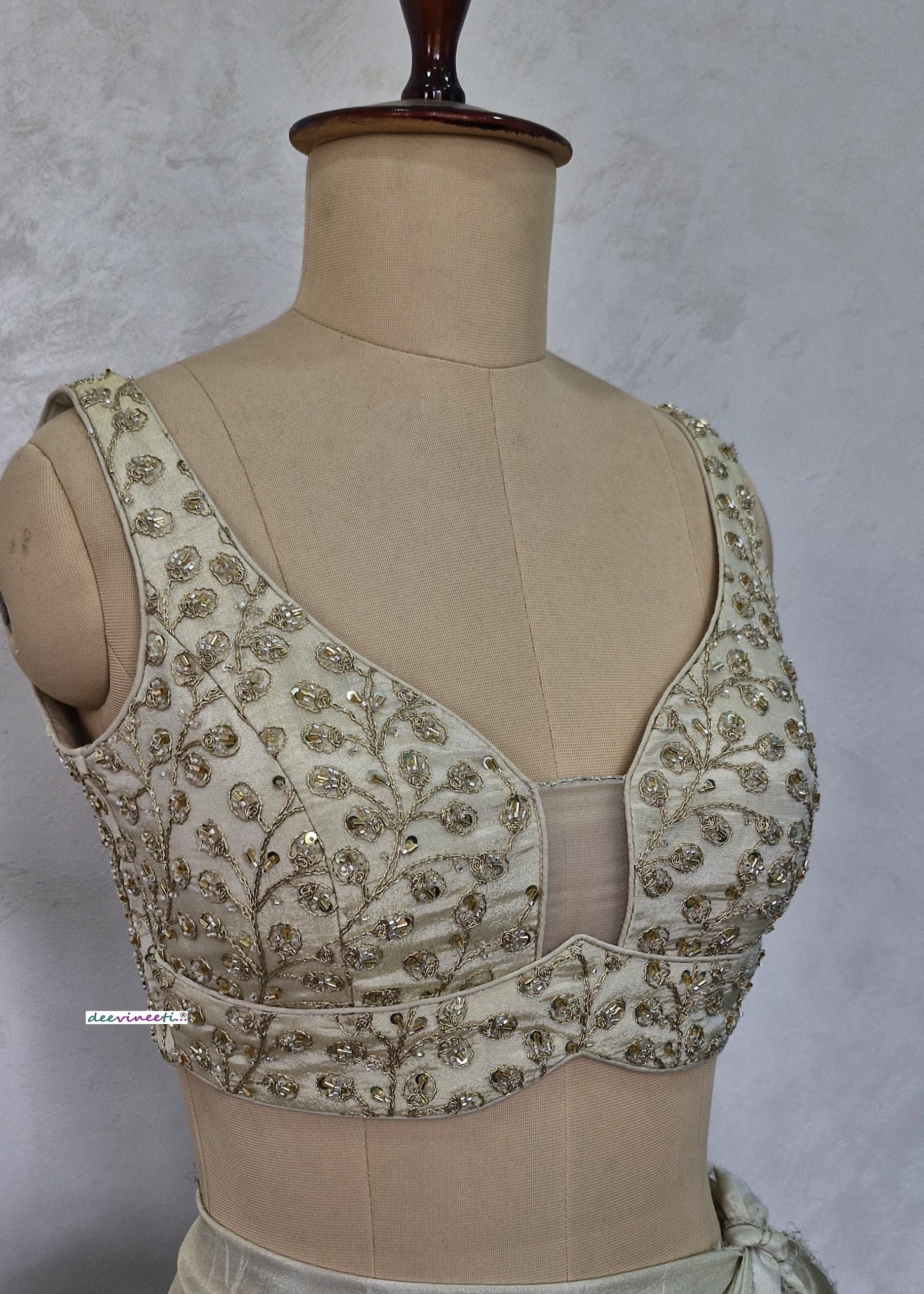 Cream Embroidered Tissue Silk Sweetheart Neck Blouse DVBL_404