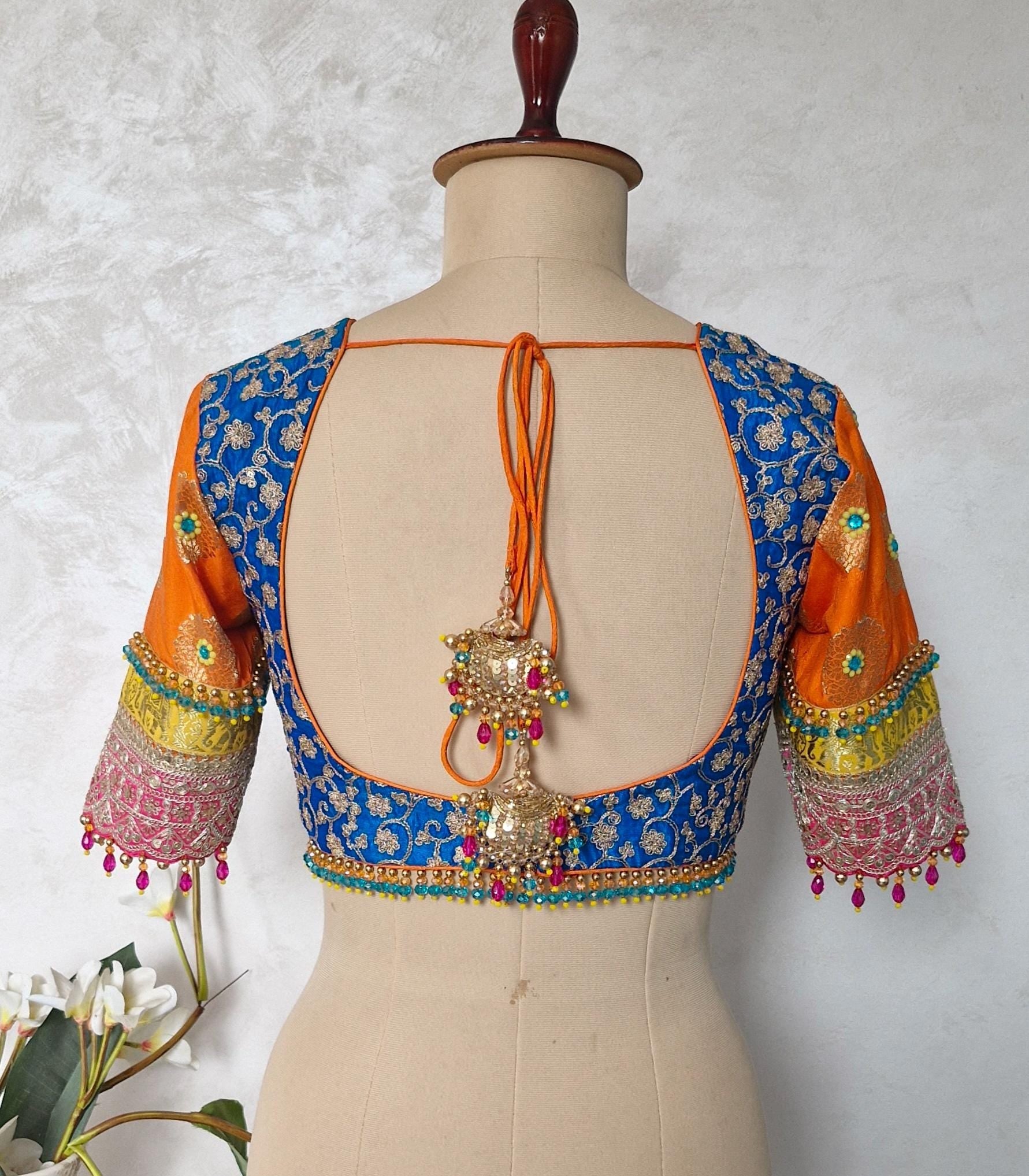 Blue and Orange Embroidered Silk Blouse DVBL_456