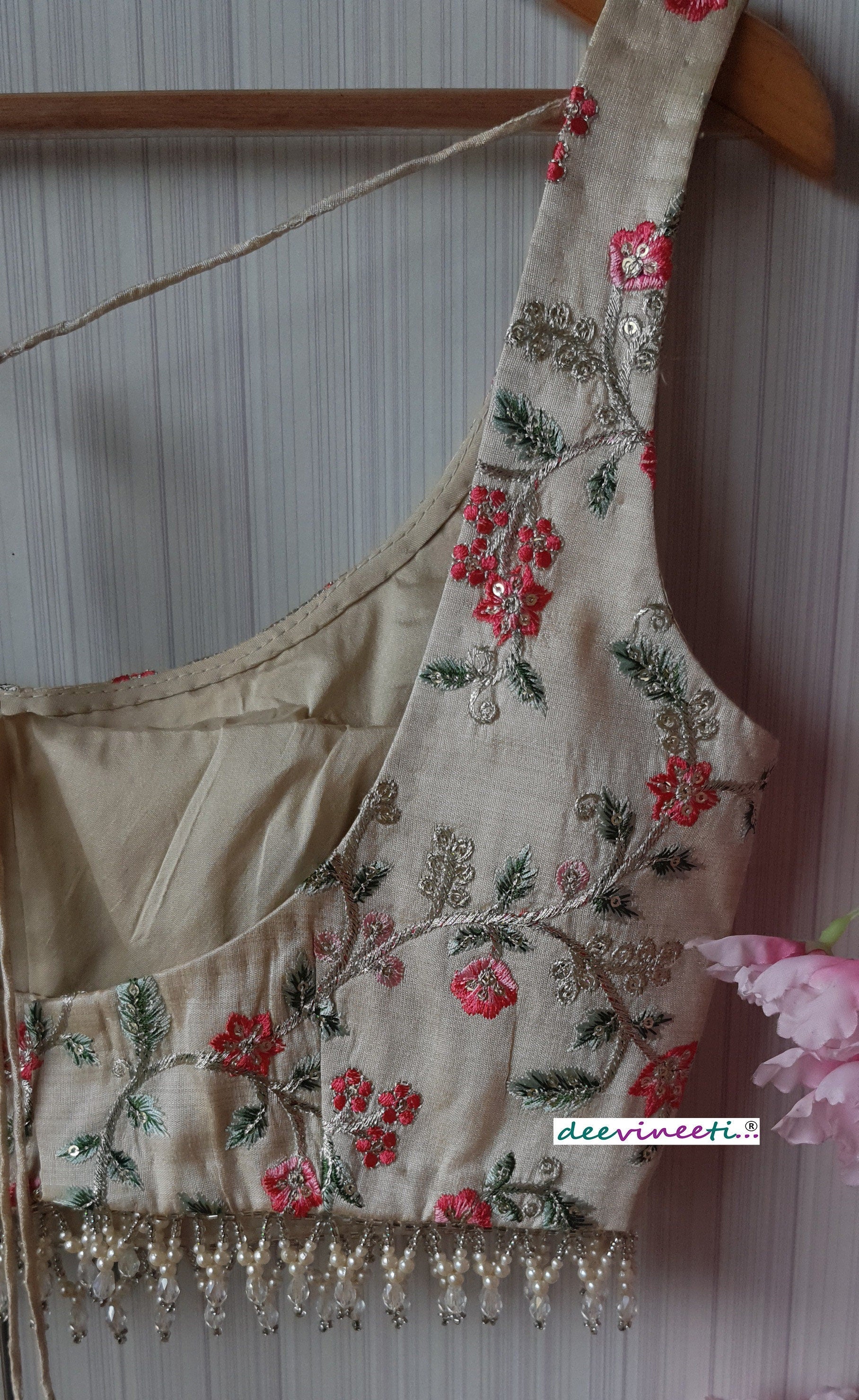 Cream Embroidered Silk U Neck Blouse DVBL_191