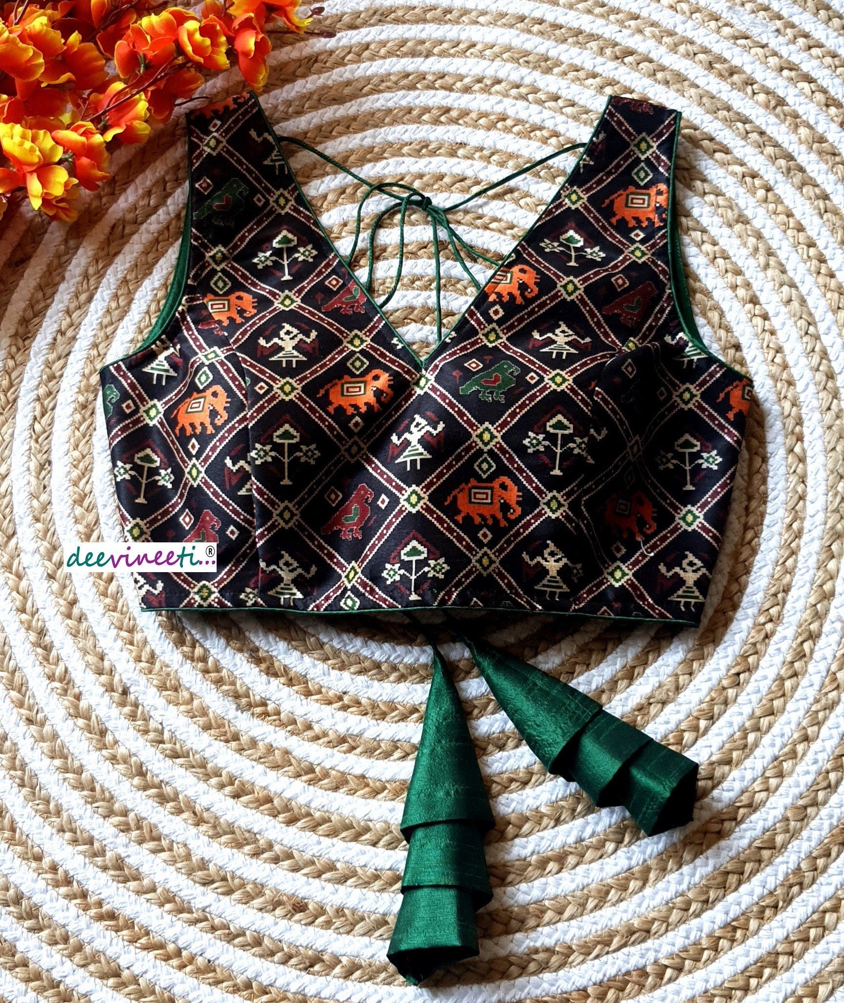 Black Printed Tussar Silk Sleeveless V Neck Blouse DVBL_095