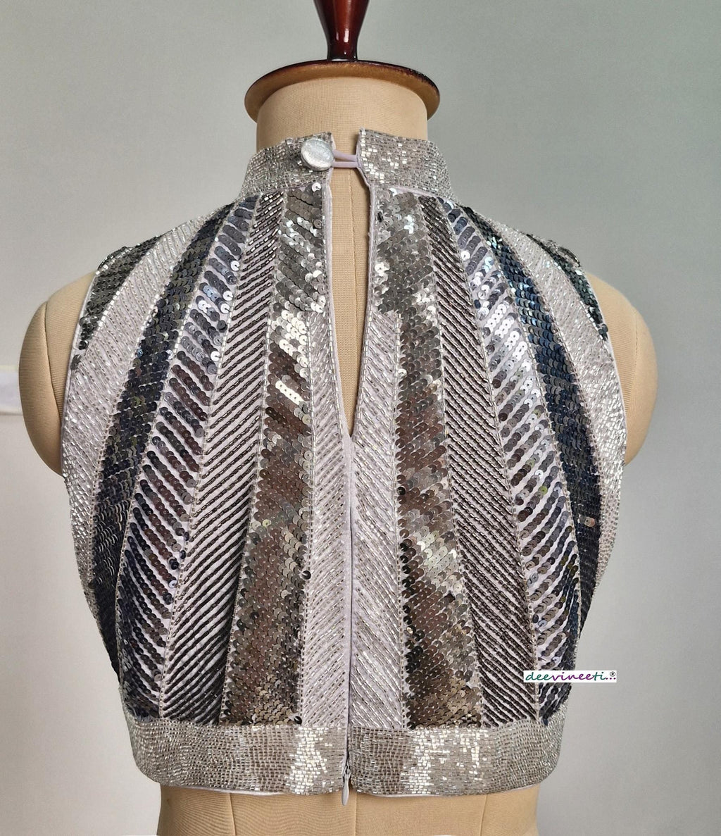 Hand Embroidered Grey Silver Blouse High Neck Sleeveless DVBL_398