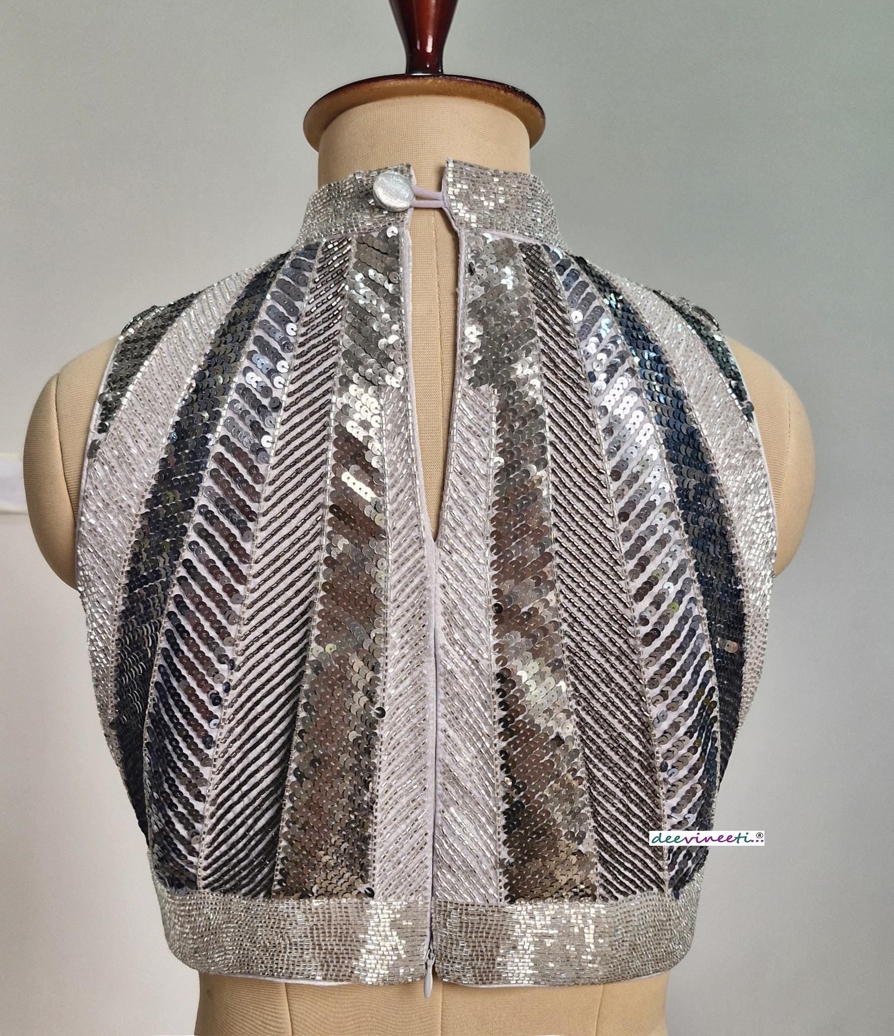Hand Embroidered Grey Silver Blouse High Neck Sleeveless DVBL_398