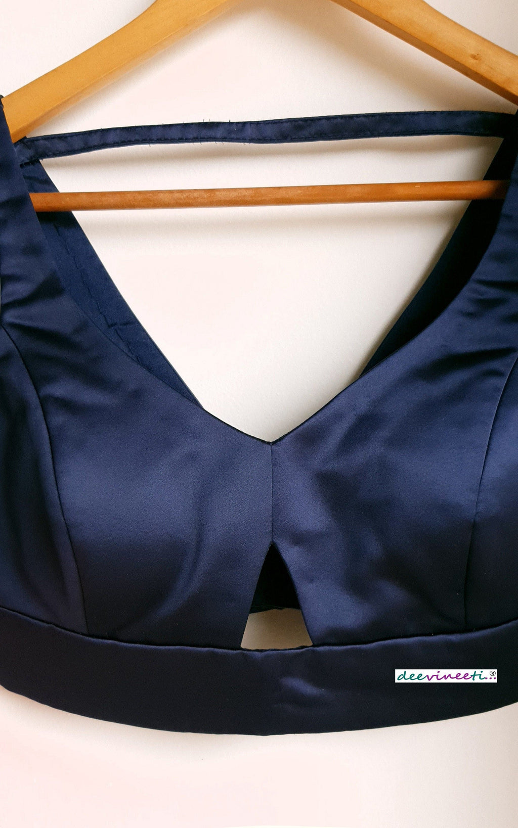 Navy Blue Satin Blouse Deep V Neck Sleeveless DVBL_270