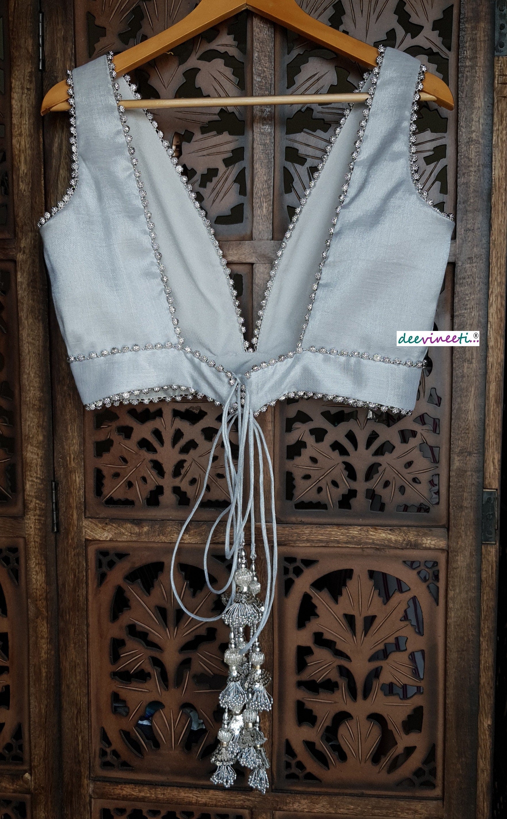 Silver Embellished Tissue Silk Plunge Neckline Blouse DVBL_115