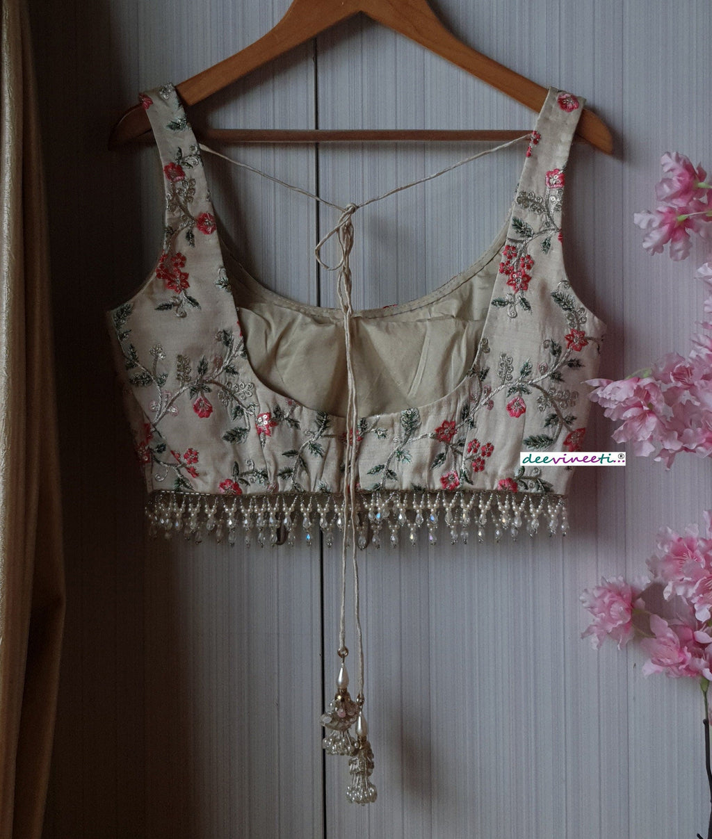 Cream Embroidered Silk U Neck Blouse DVBL_191