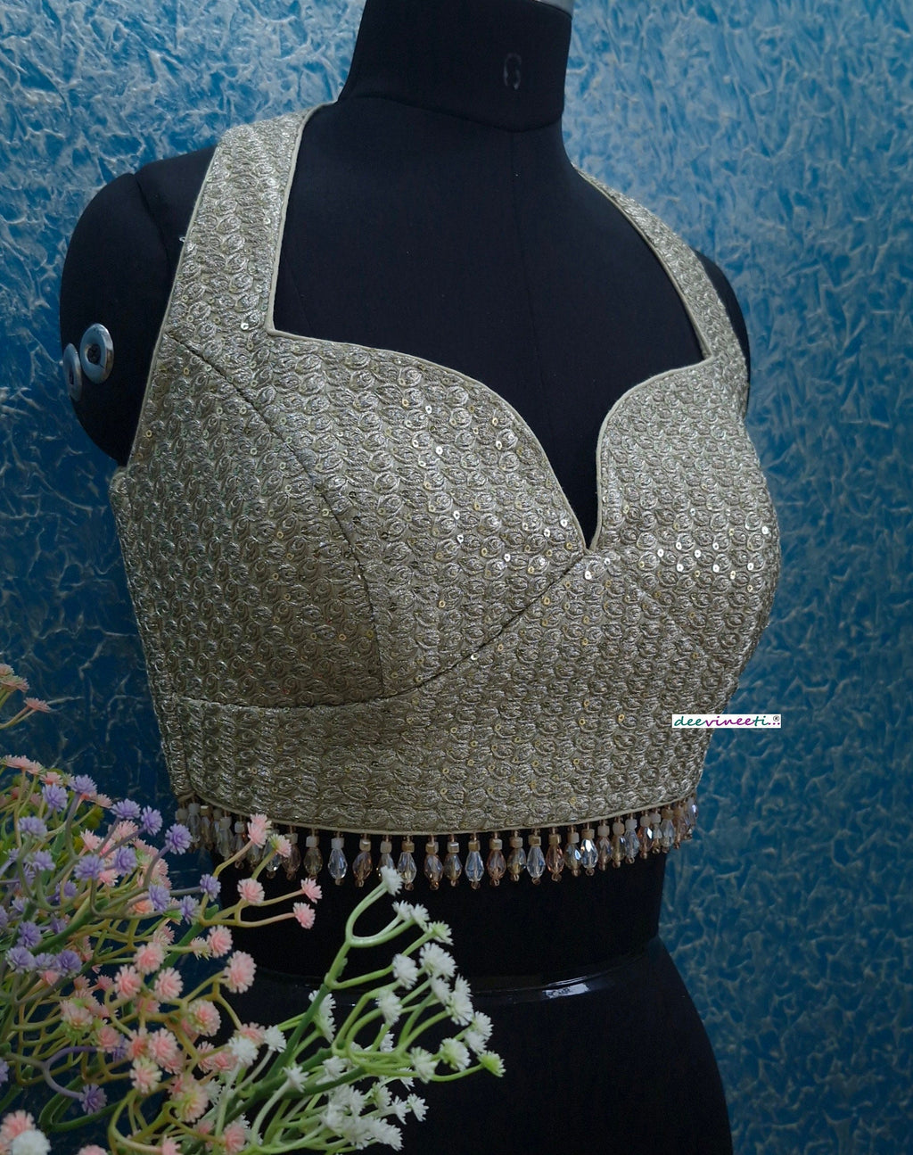 Light Gold Sequins Embroidered Halter Blouse DVBL_356