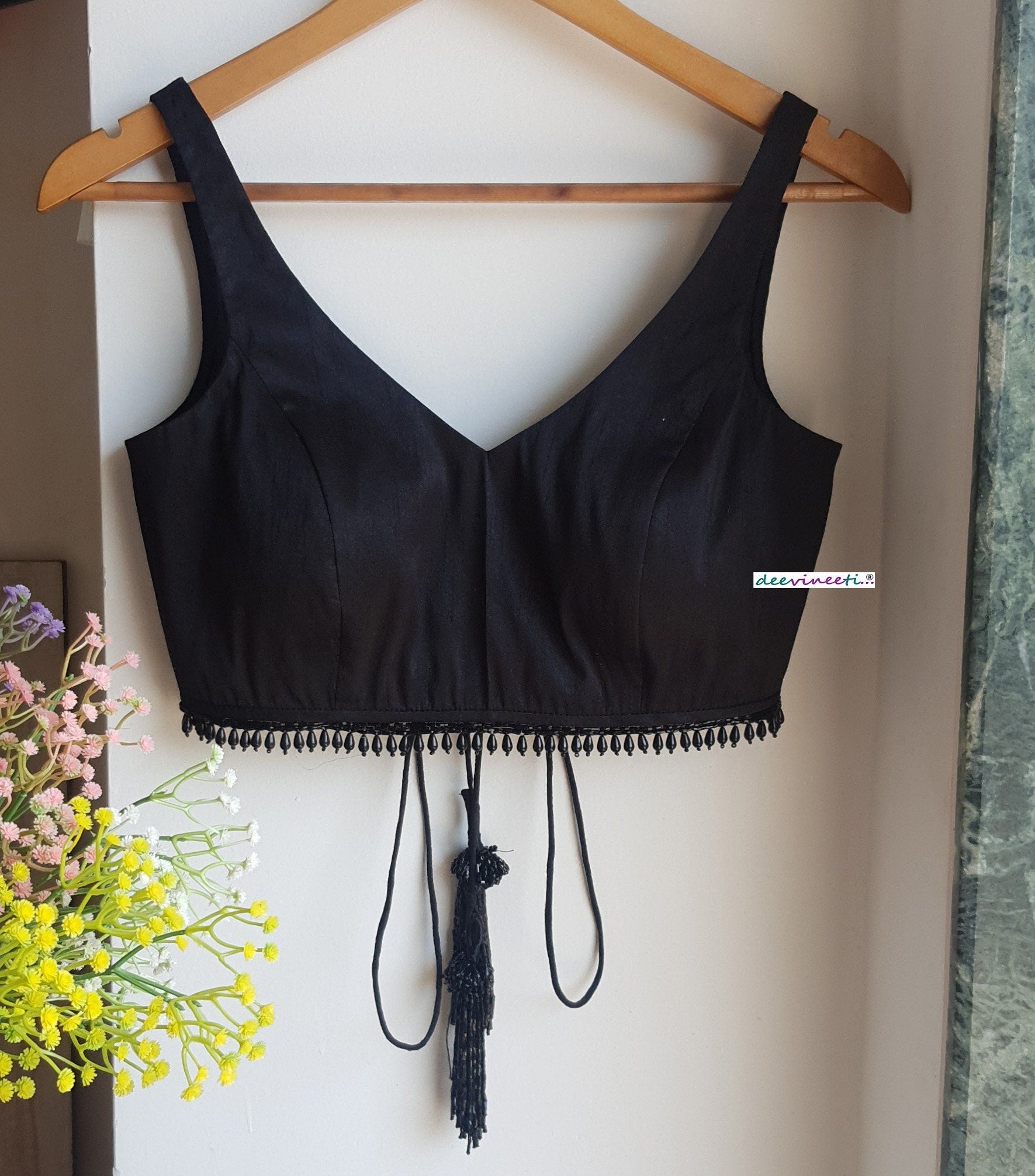 Designer Black Raw Silk Blouse Deep V Neck with Fringes DVBL_327