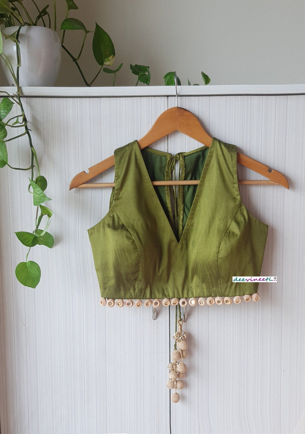 Raw Silk Deep V Neck Blouse with Mirror Fringe DVBL_251
