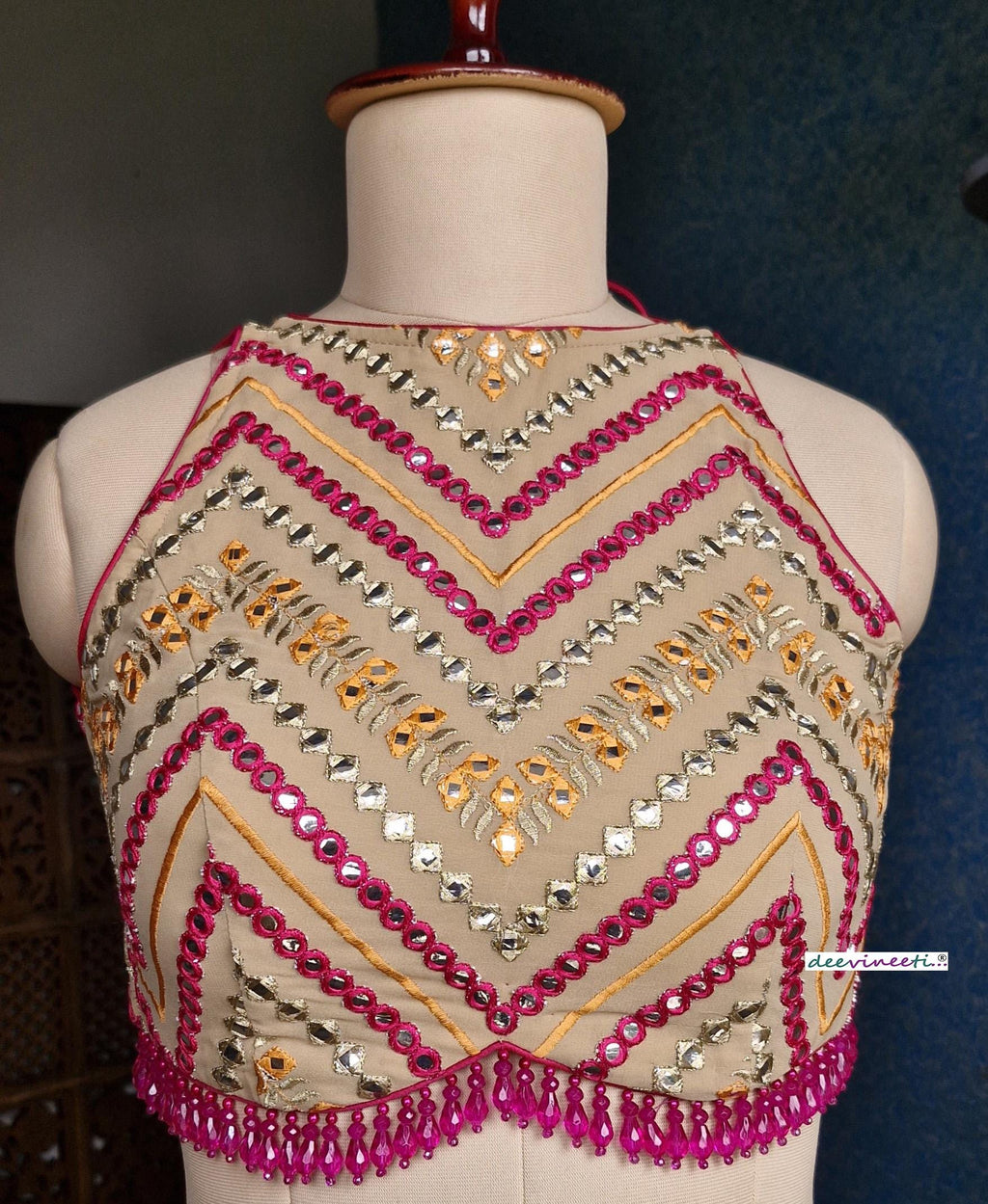 Beige Chevron Embroidered Halter Neck Blouse DVBL_367