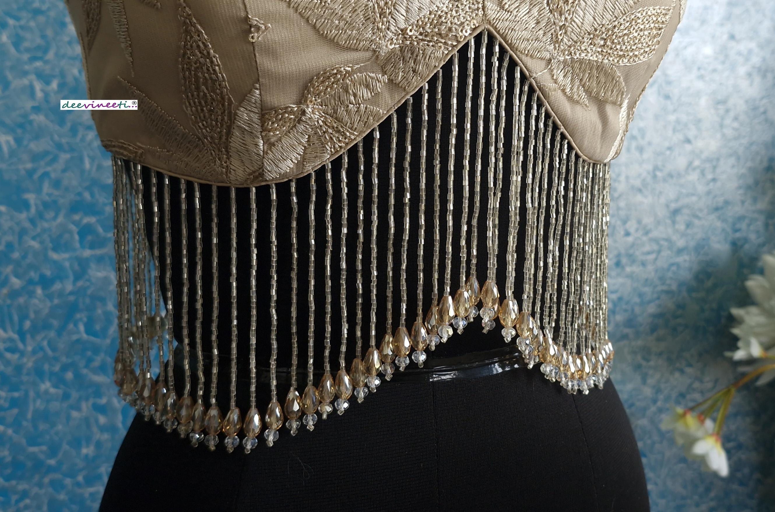 Beige Embroidered Net Spaghetti Blouse with Beads Fringes DVBL_389