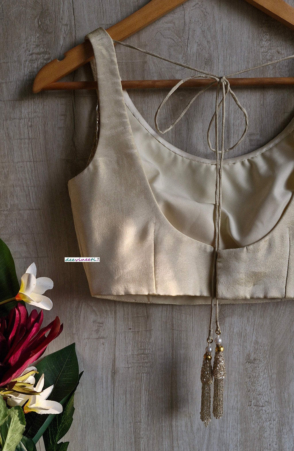 Light Gold Tissue Silk Round Neck Blouse with Fringes DVBL_353