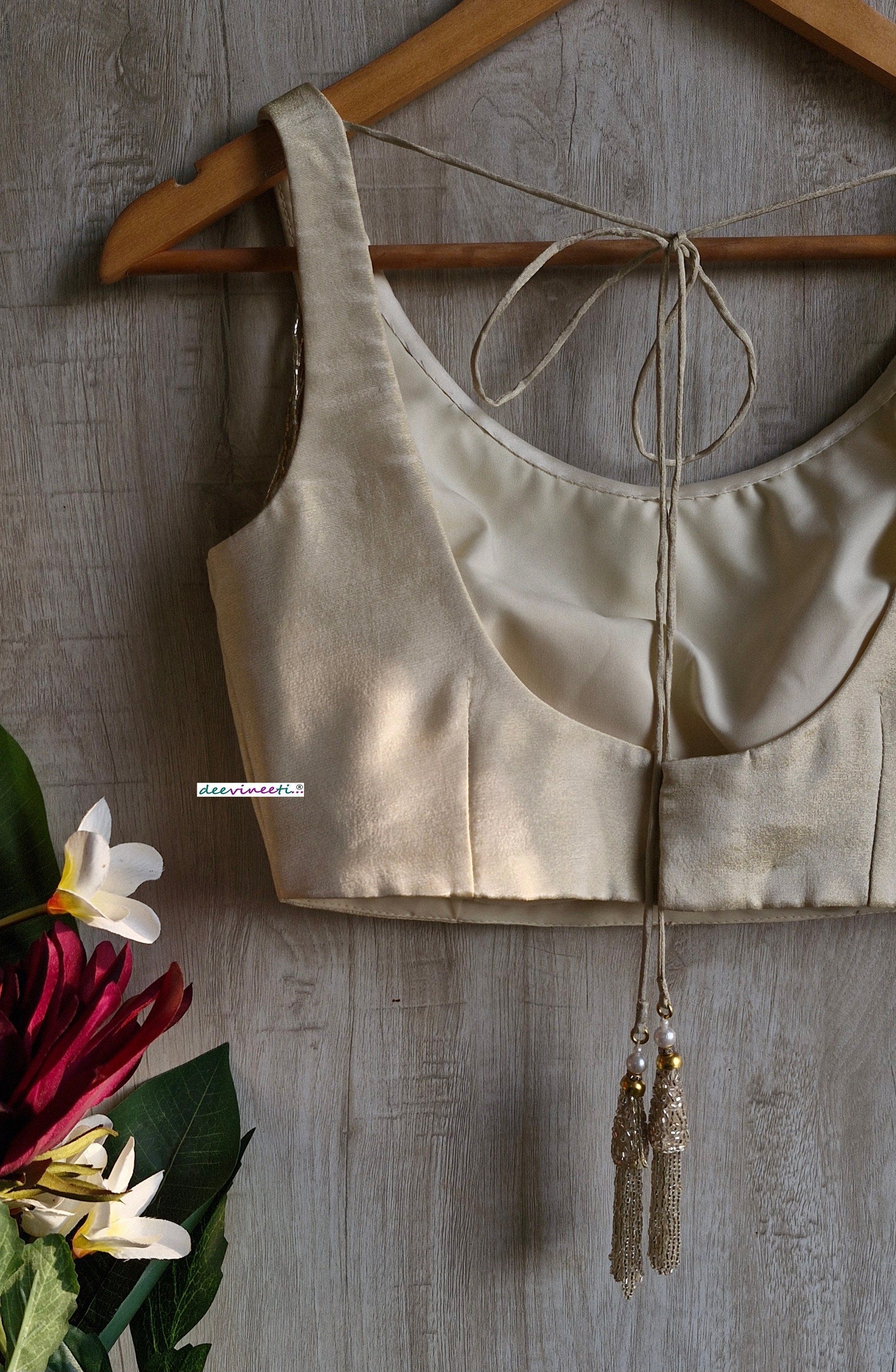 Light Gold Tissue Silk Round Neck Blouse with Fringes DVBL_353