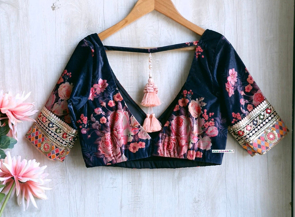 Deep Blue Floral Print Velvet V Neck Blouse DVBL_348