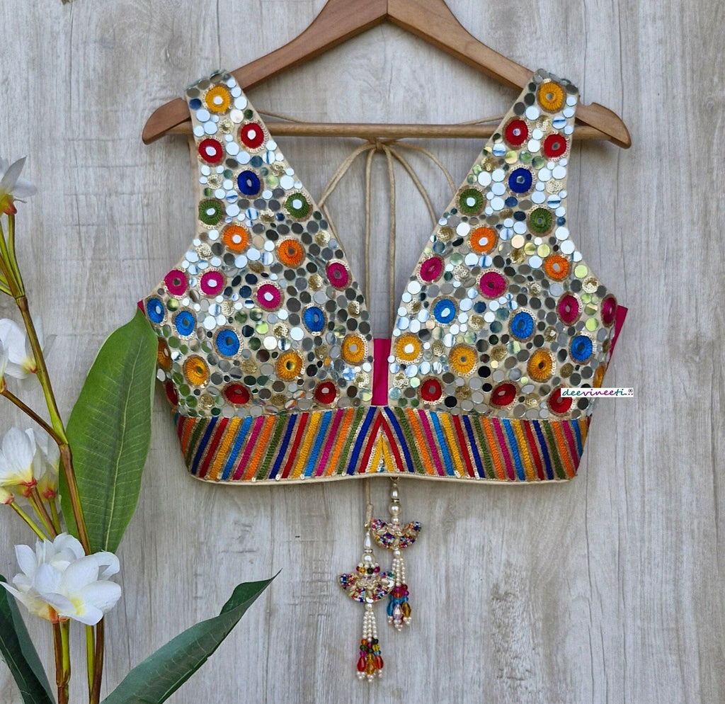 Multicolor Real Mirror Hand Embroidered Plunge Neckline Blouse DVBL_357