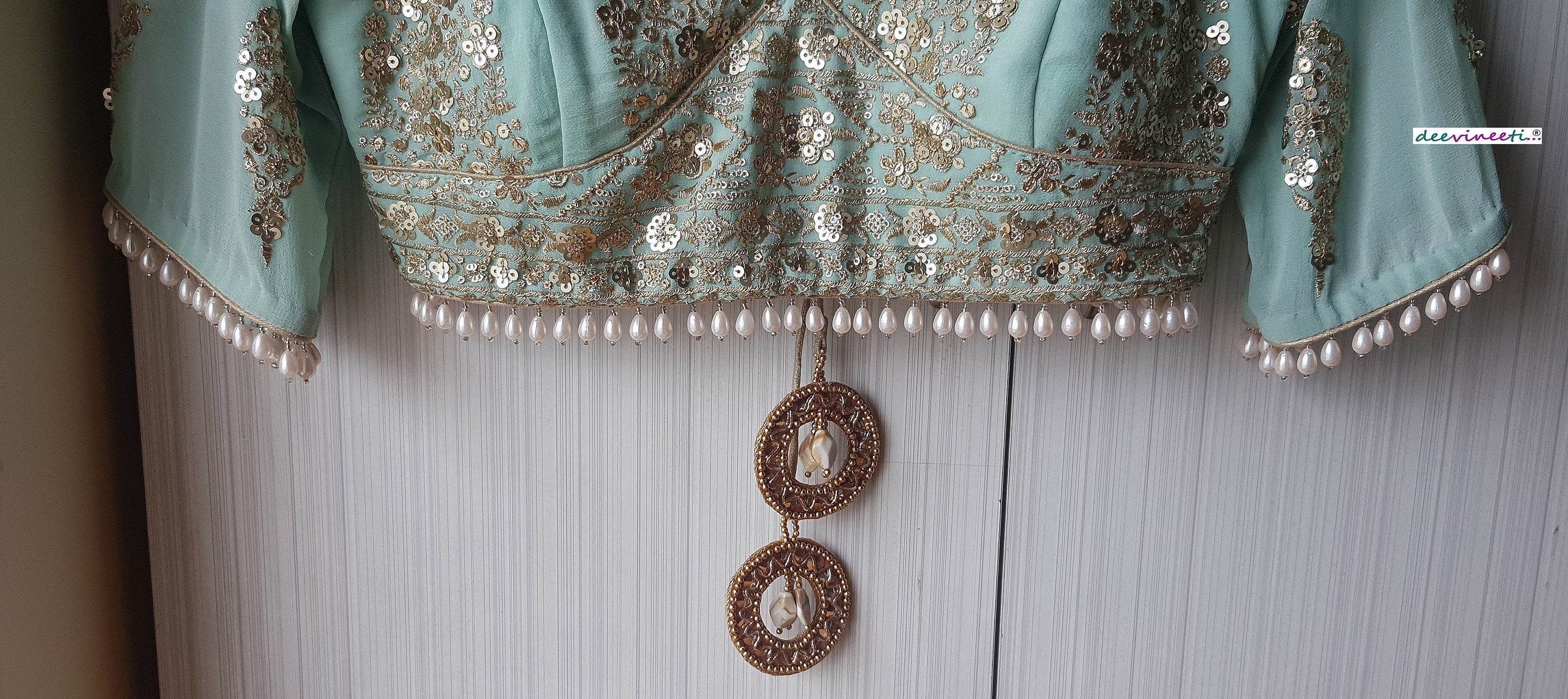 Sea Green Embroidered Sweetheart Neck Blouse DVBL_258
