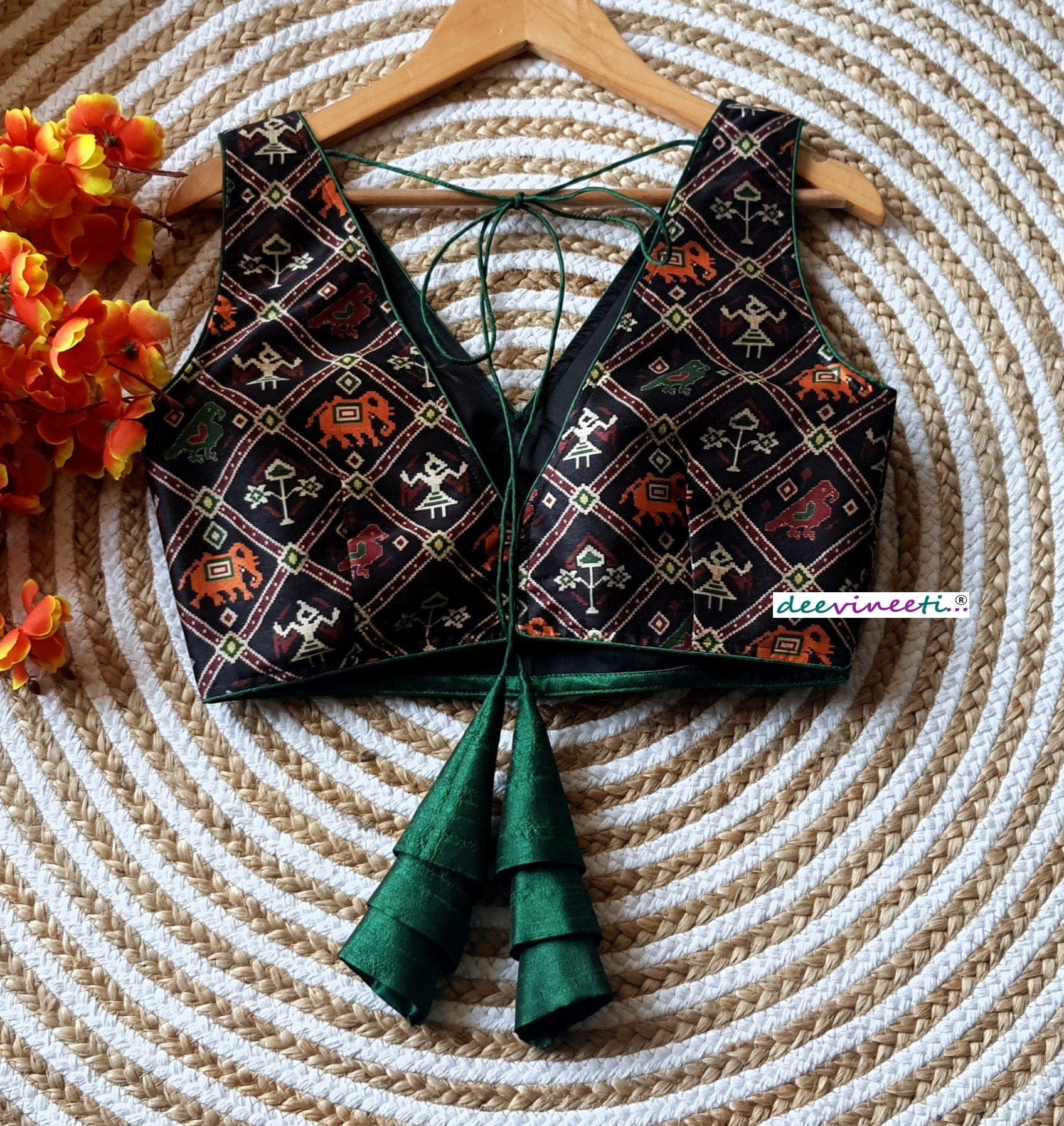 Black Printed Tussar Silk Sleeveless V Neck Blouse DVBL_095