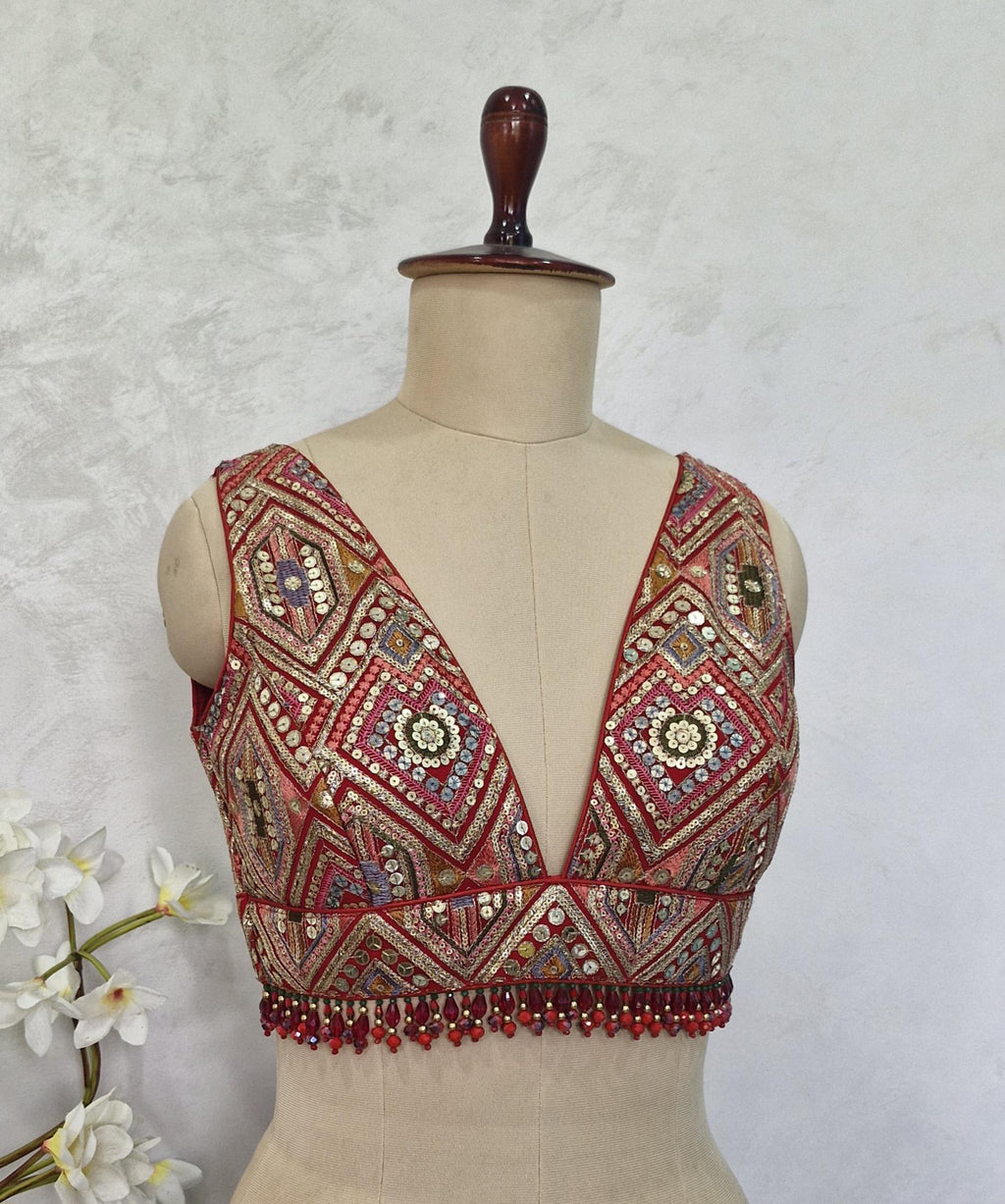 Red Embroidered Plunge Neckline DVBL_413