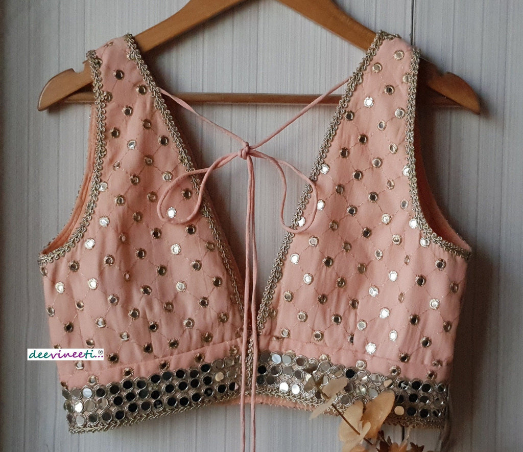 Faux Mirror Embroidered Peach Plunge Neckline Blouse DVBL_162