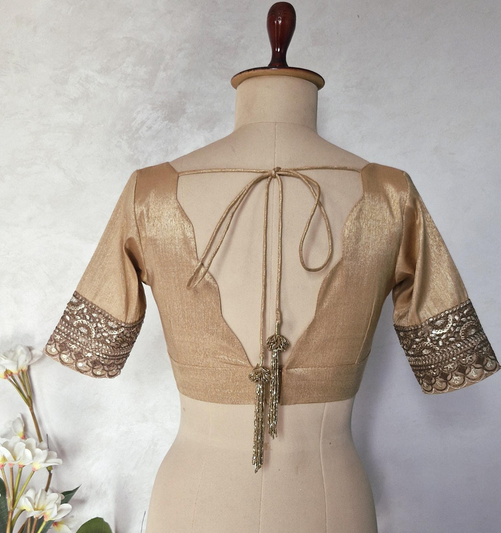 Copper Rose Gold Banarasi Tissue Scallop Neck Blouse DVBL_444