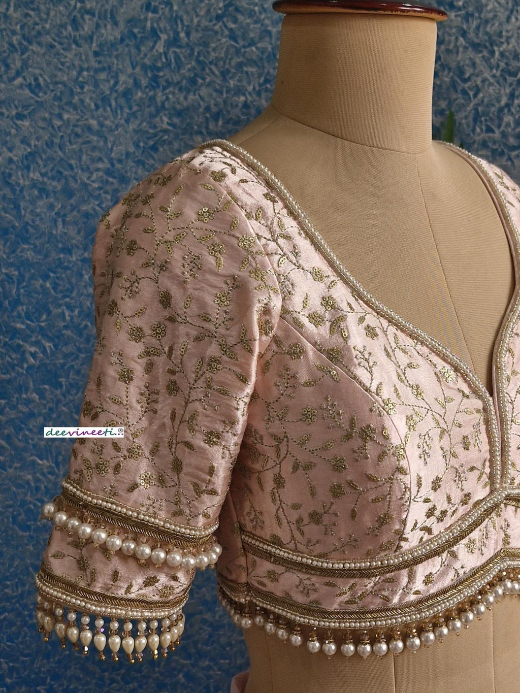Peachish Pink Embroidered Sweetheart Neck Blouse DVBL_381