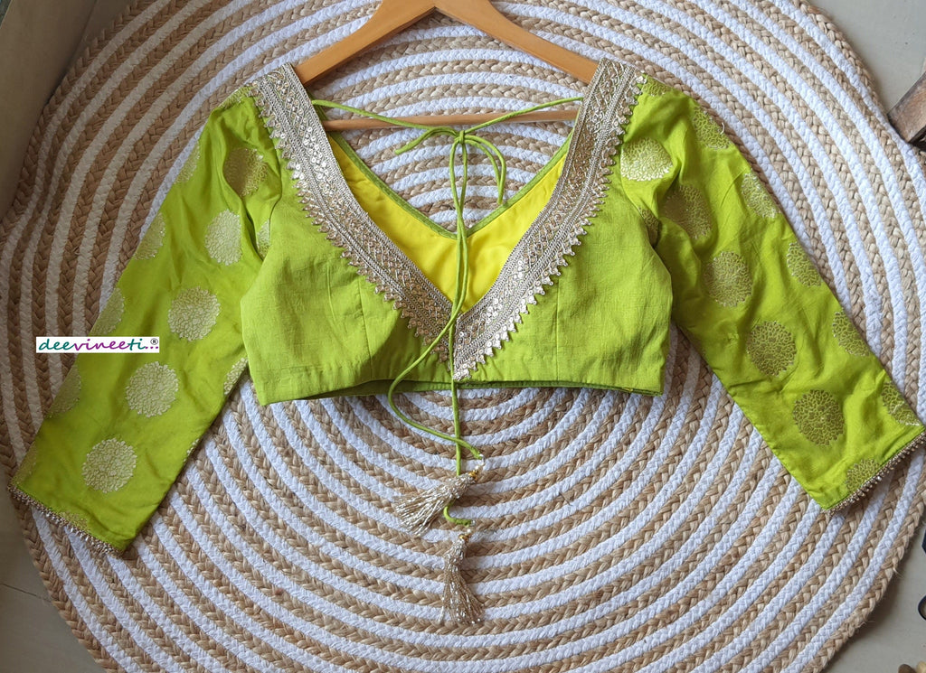 Lime Green Raw Silk Three Fourth Sleeves Blouse DVBL_134
