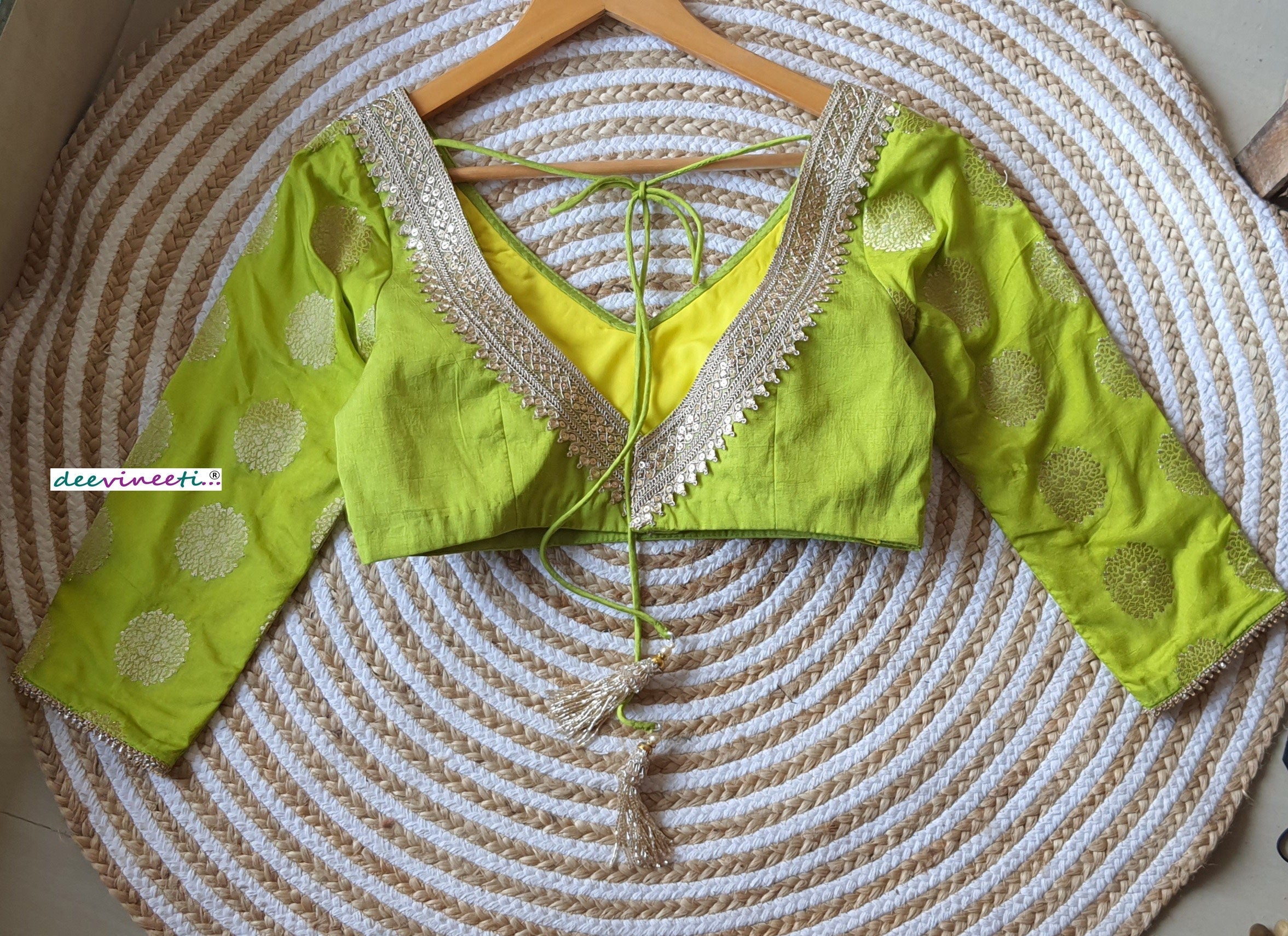 Lime Green Raw Silk Three Fourth Sleeves Blouse DVBL_134