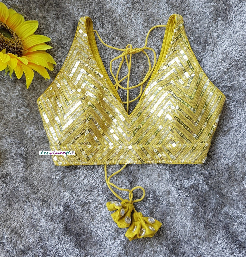Yellow Sequins Embroidered Blouse Deep V Neck Blouse DVBL_217