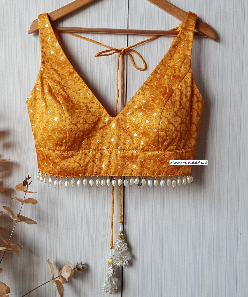 Mustard Embroidered Gajji Silk Deep V Neck Blouse DVBL_209