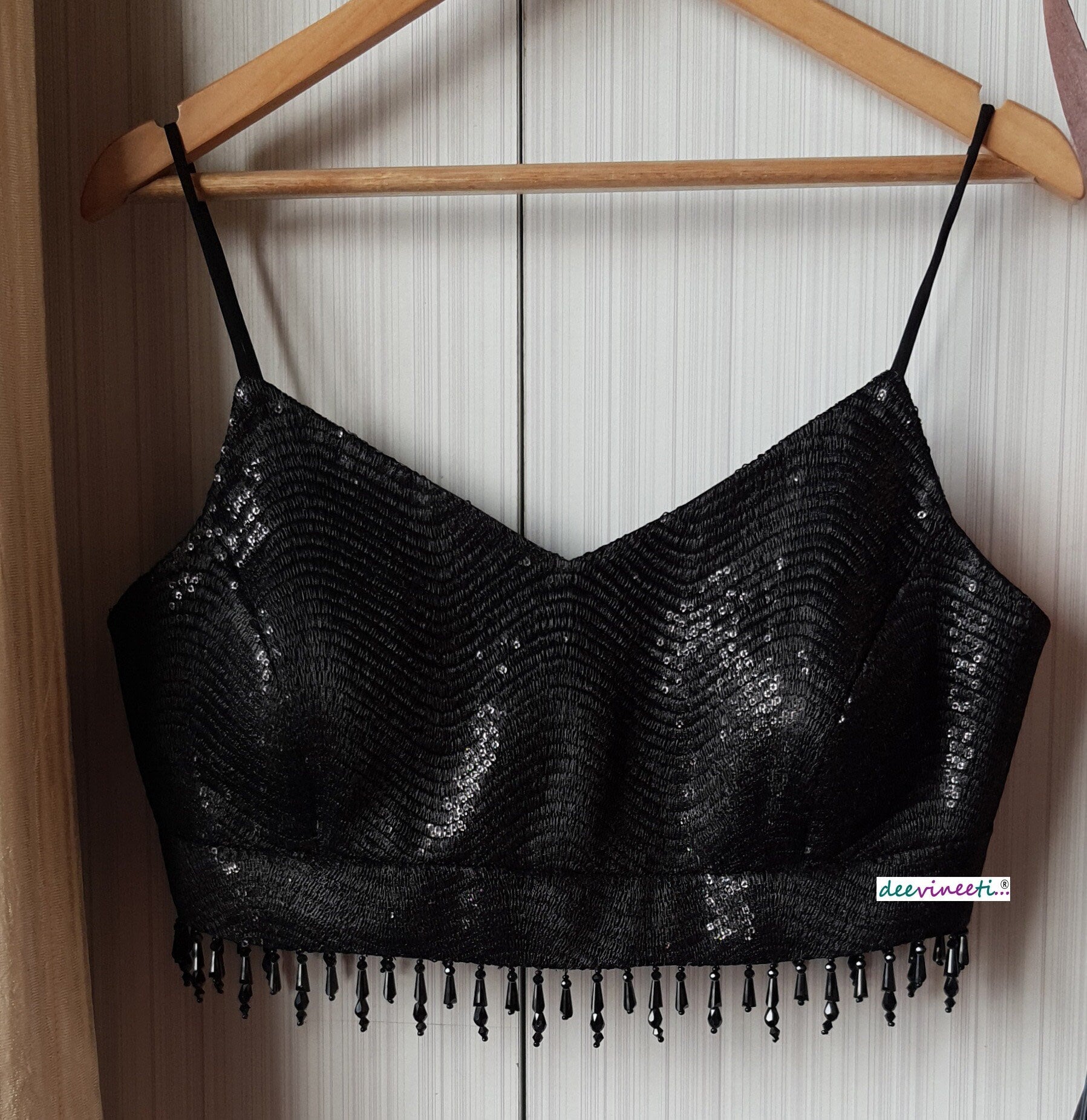 Black Sequins Embroidered Spaghetti Blouse DVBL_179
