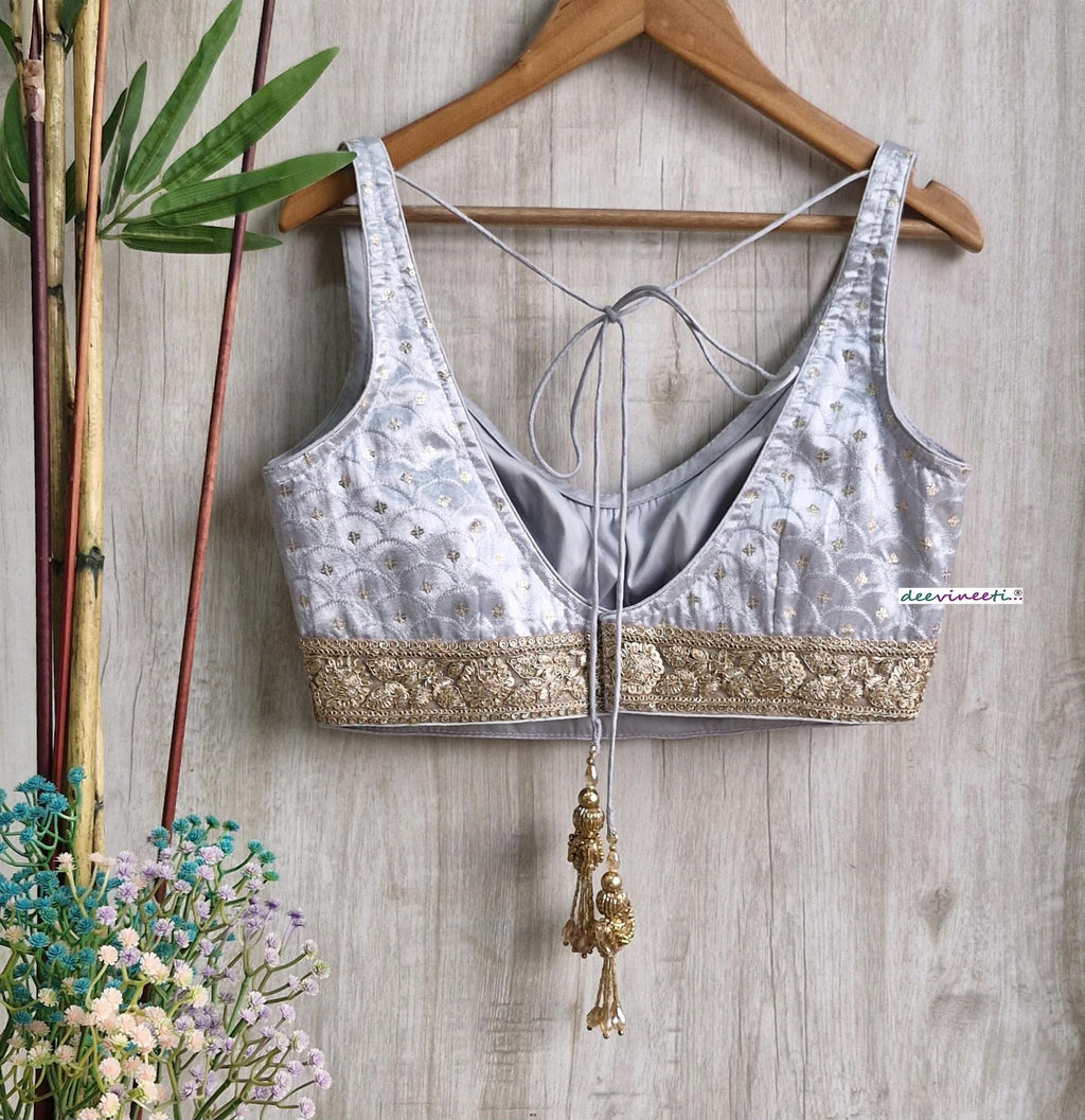 Grey Embroidered Gajji Silk V Neck Blouse DVBL_383