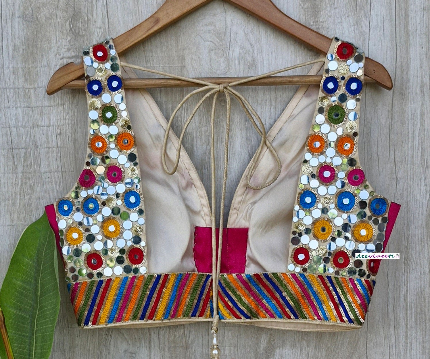 Multicolor Real Mirror Hand Embroidered Plunge Neckline Blouse DVBL_357
