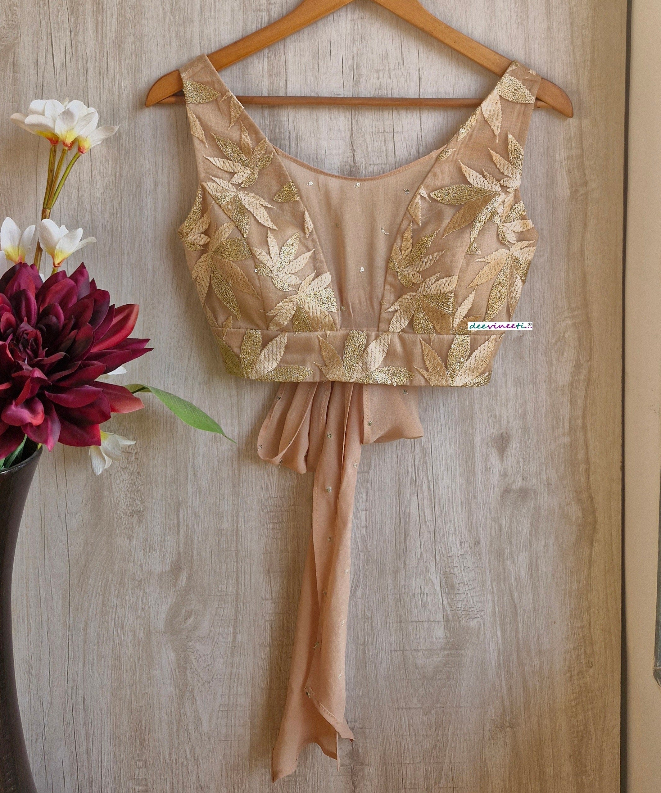 Embroidered Beige Boat Neck Tie Blouse DVBL_346