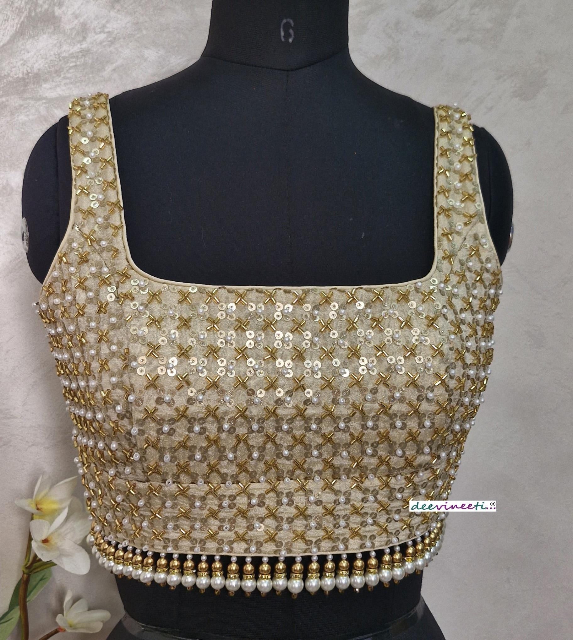 Gold Embroidered Tissue Silk Blouse Square Neck DVBL_399