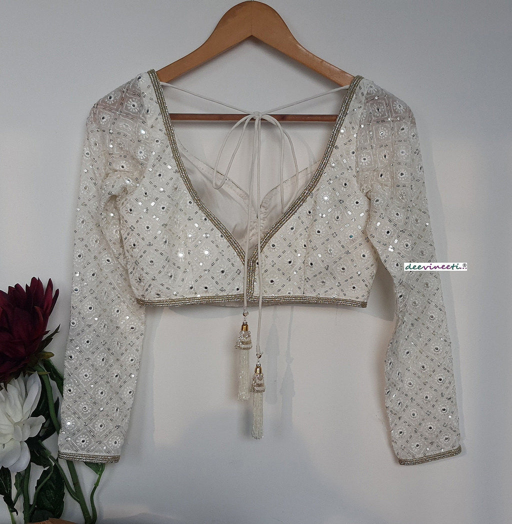 Off-White Chikankari Sweetheart Neck Long Sleeves Blouse DVBL_307
