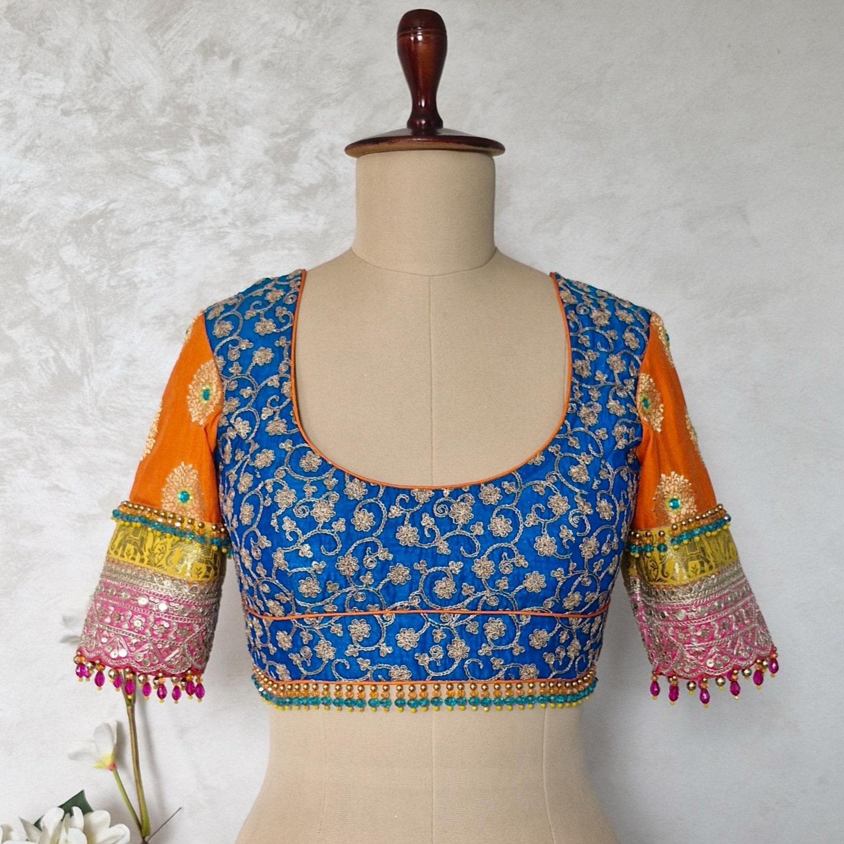 Blue and Orange Embroidered Silk Blouse DVBL_456