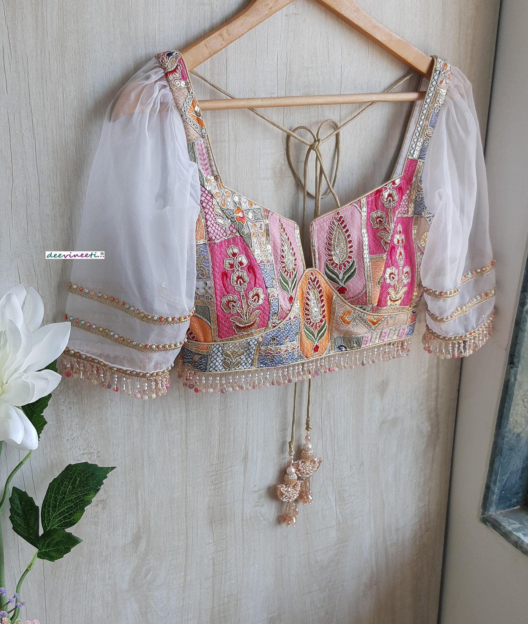 White Embroidered Deep Neck Puff Sleeves Blouse DVBL_300