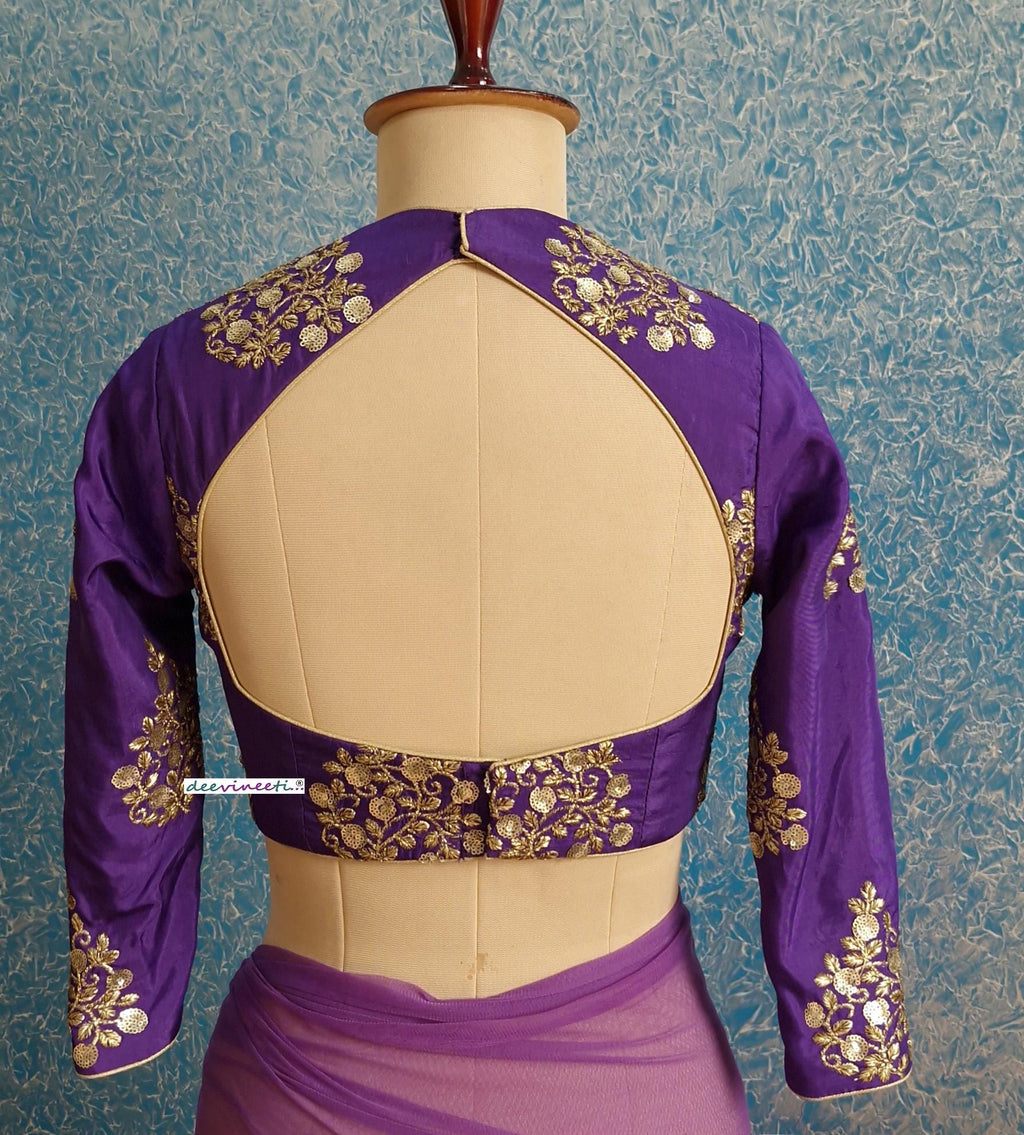 Purple Embroidered Silk Three Fourth Sleeves Blouse DVBL_384