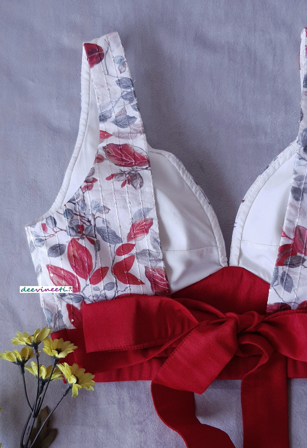 Floral Print Off White and Red Tie Blouse DVBL_180