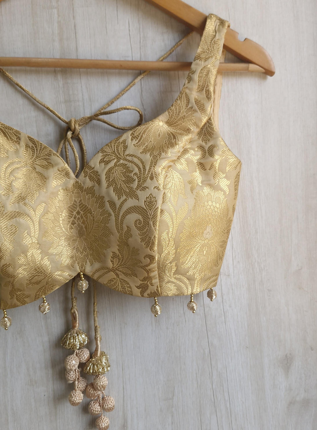Gold Beige Banarasi Brocade Sweetheart Neck Blouse DVBL_411