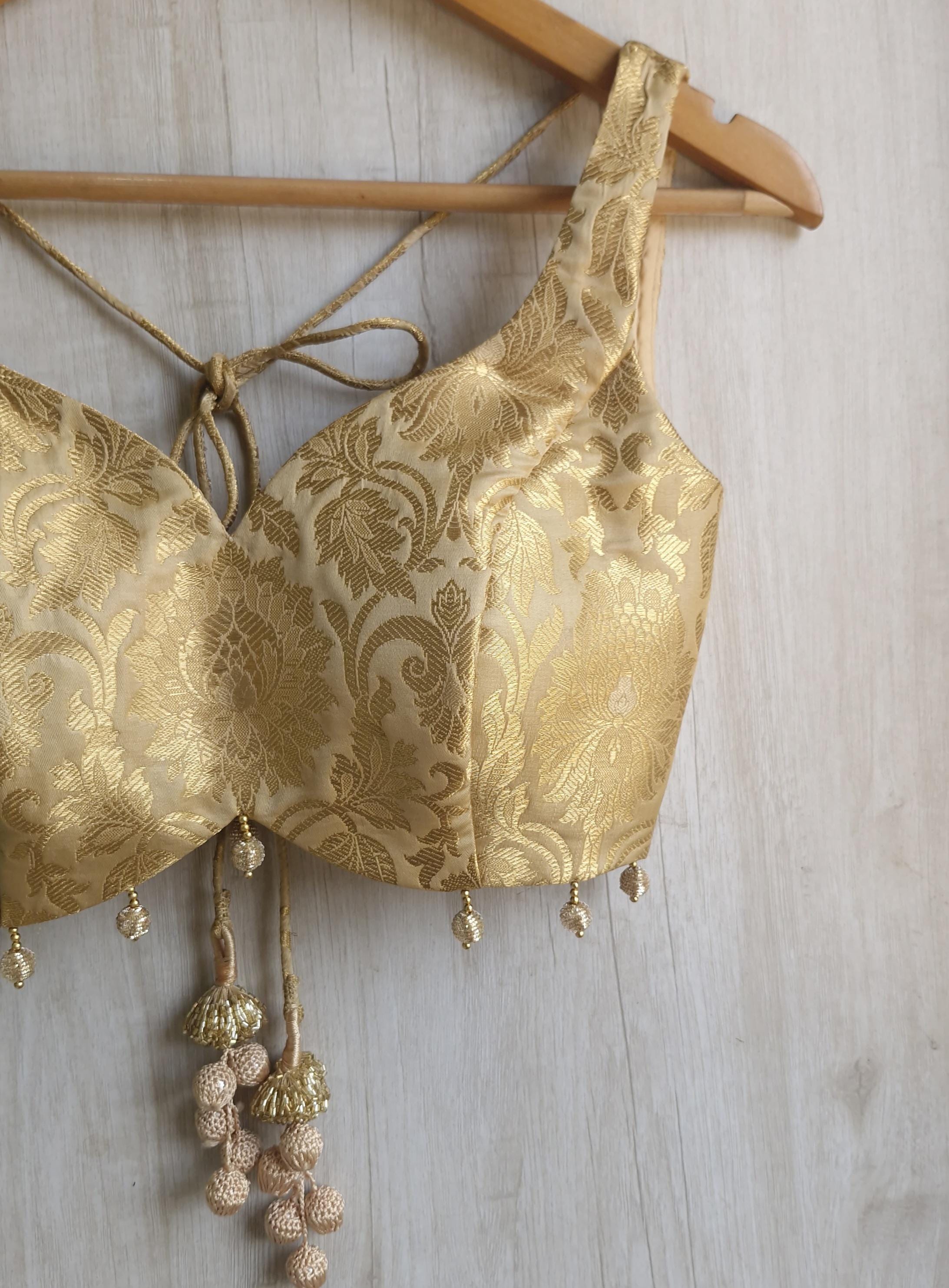 Gold Beige Banarasi Brocade Sweetheart Neck Blouse DVBL_411