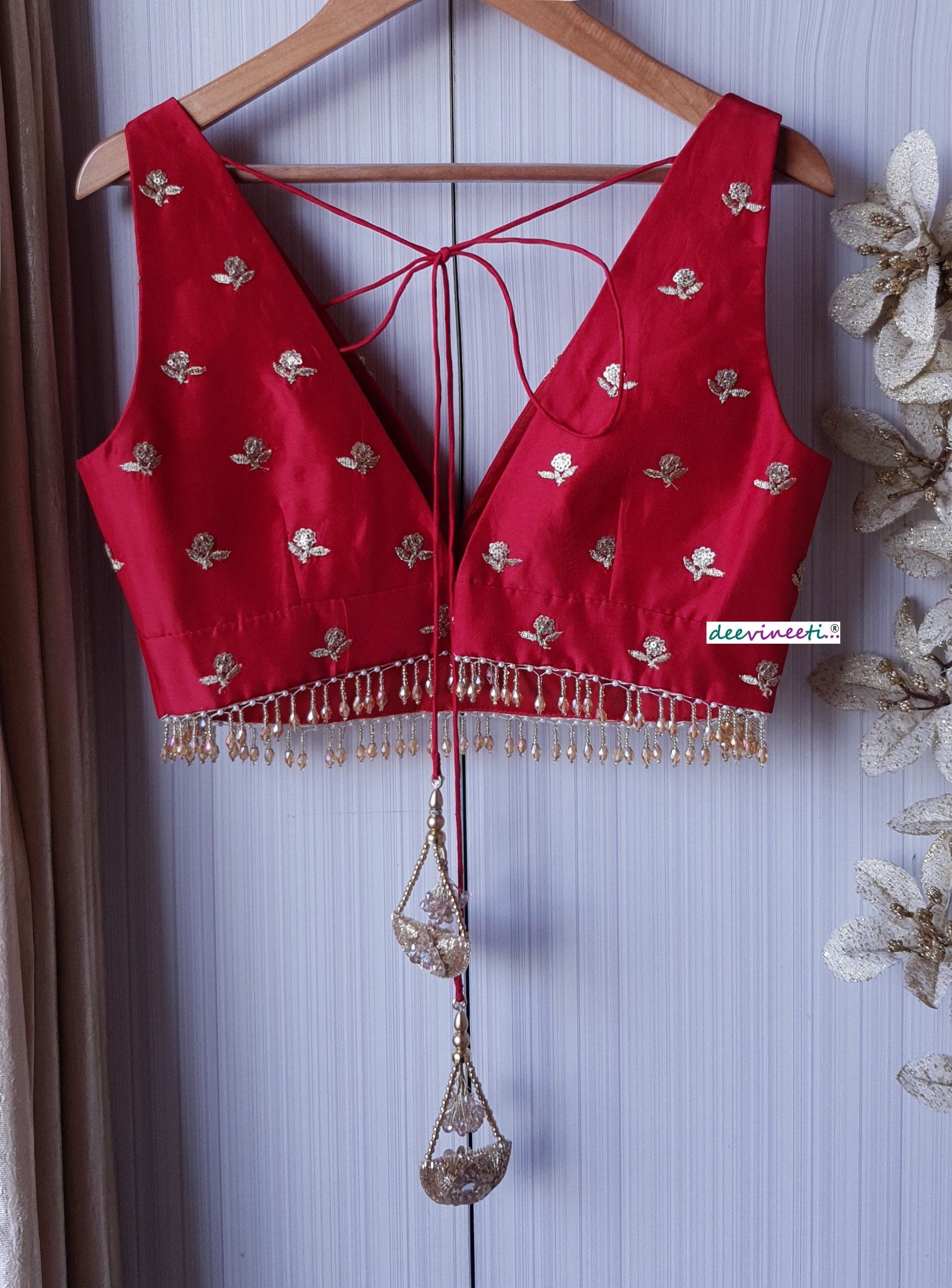 Red Embroidered Upada Silk Deep V Neck Blouse DVBL_170