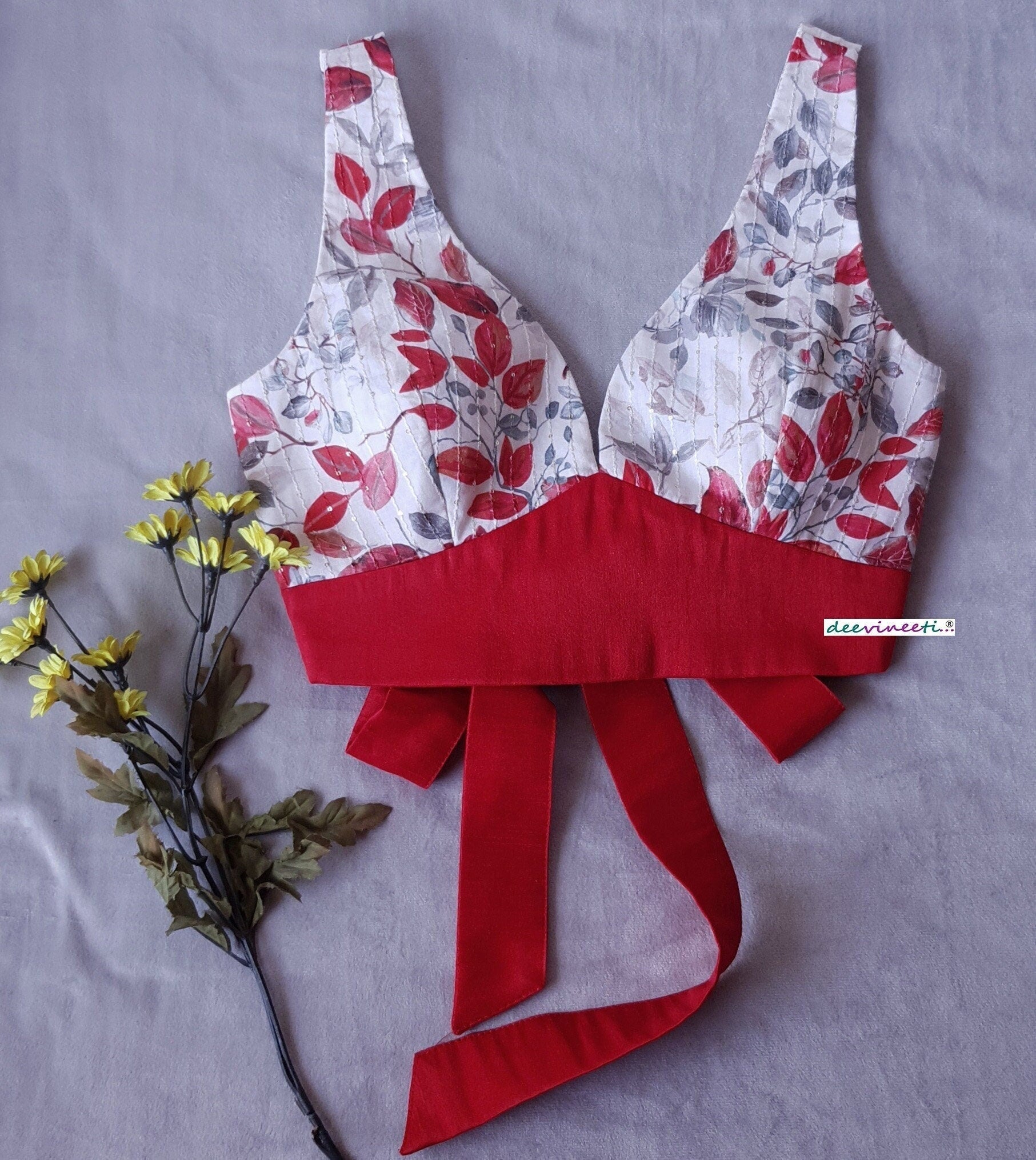 Floral Print Off White and Red Tie Blouse DVBL_180