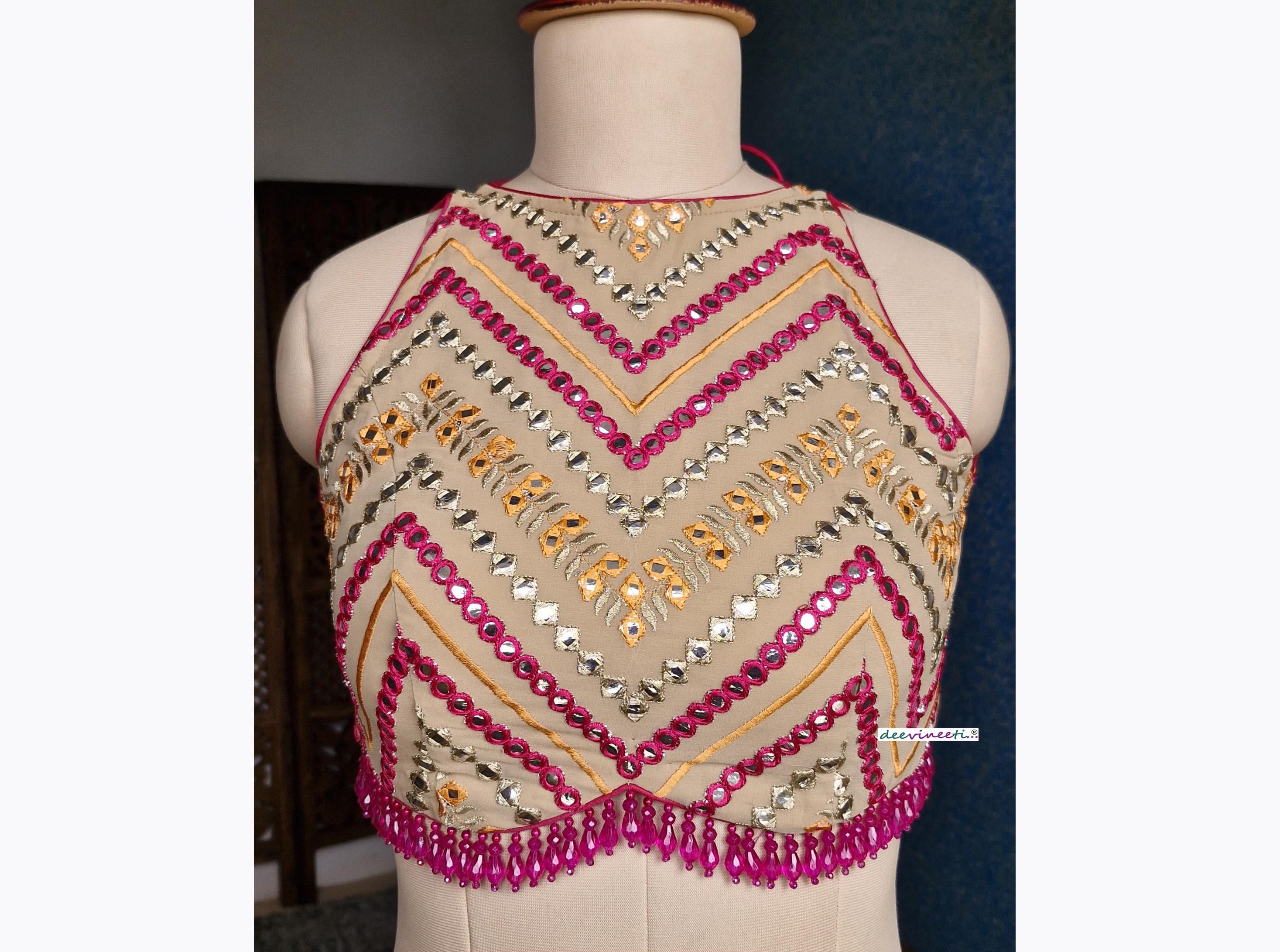 Beige Chevron Embroidered Halter Neck Blouse DVBL_367