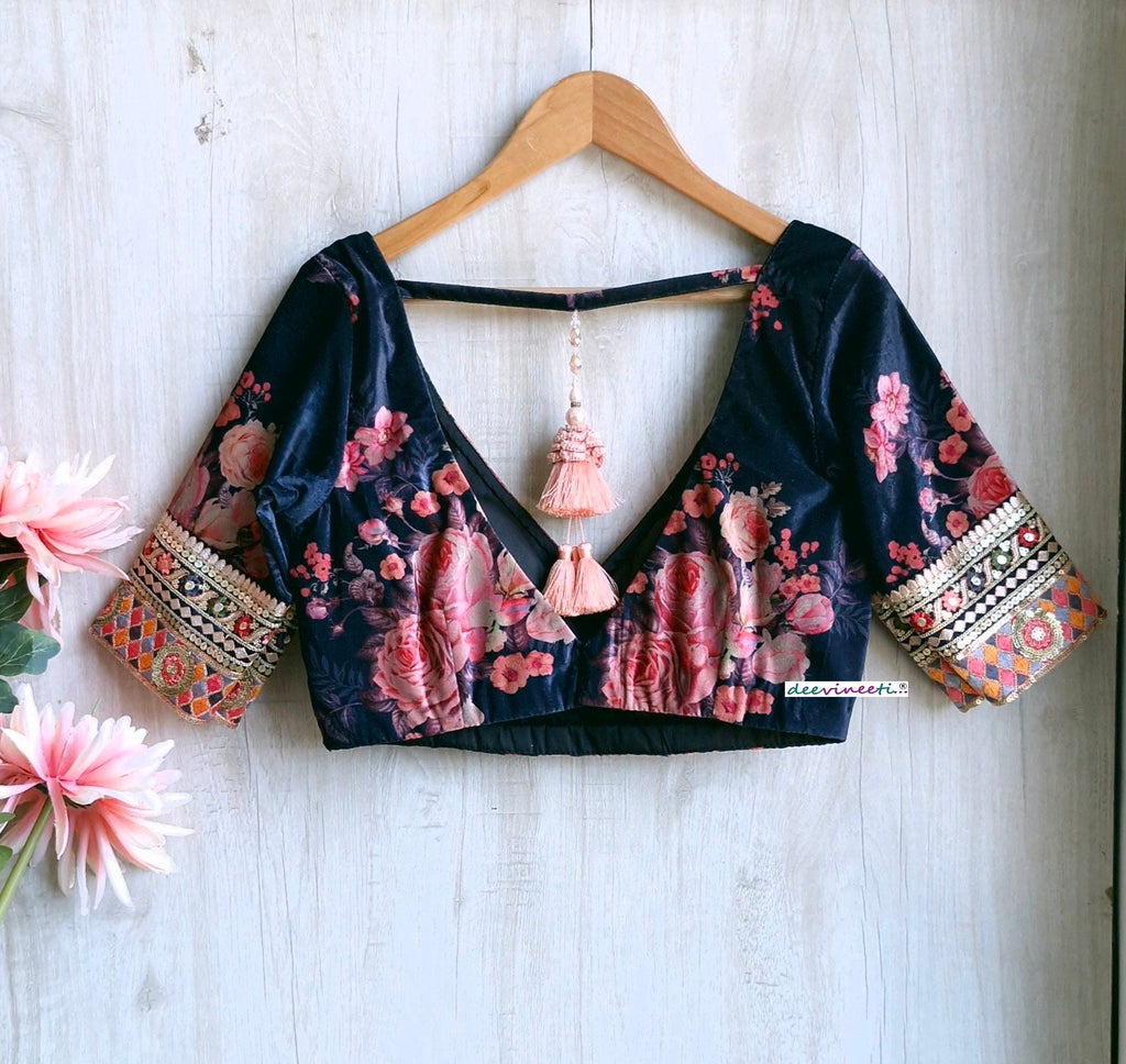 Deep Blue Floral Print Velvet V Neck Blouse DVBL_348