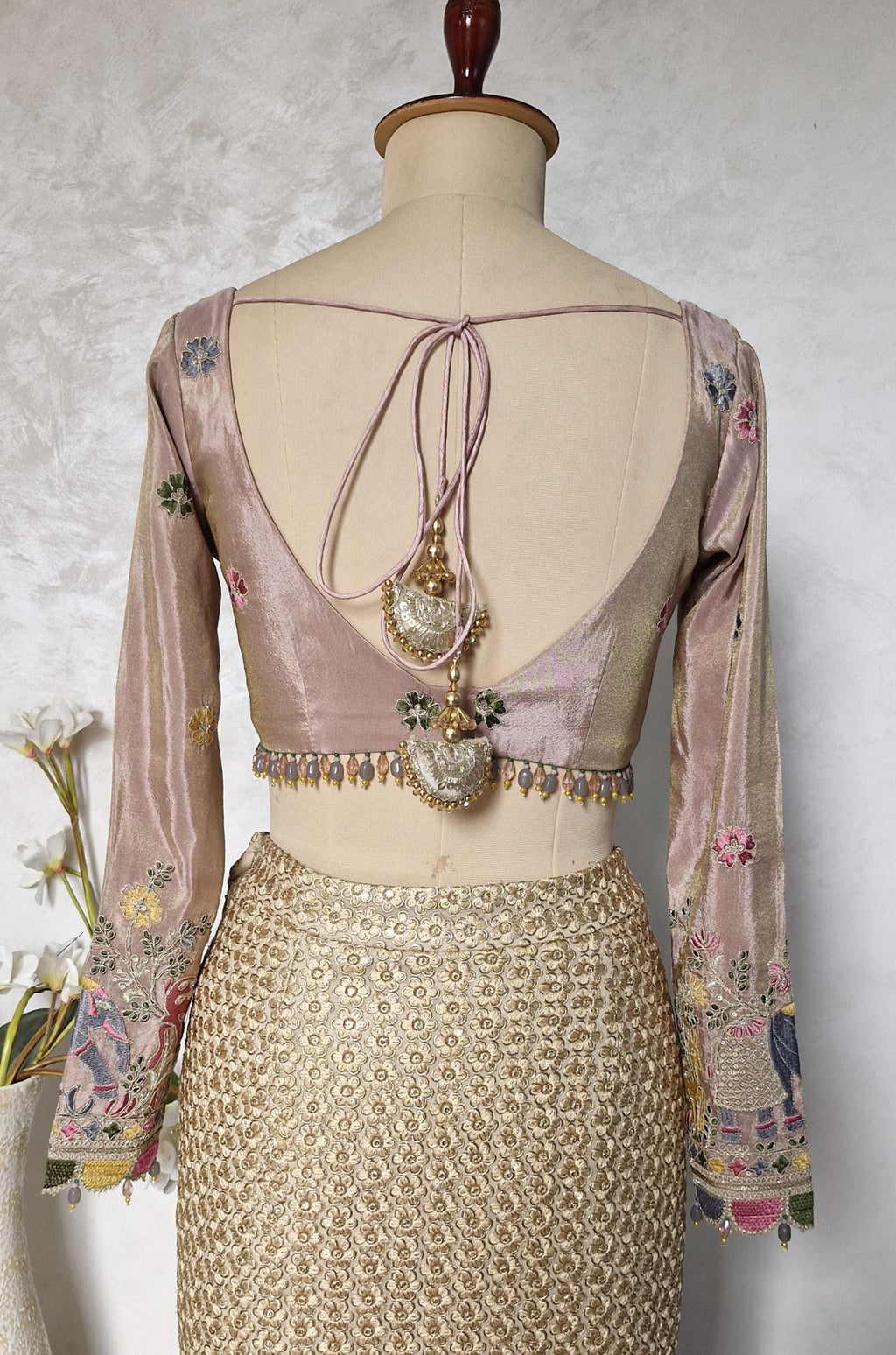Dusty Rose Pink Embroidered Tissue Silk Blouse DVBL_442