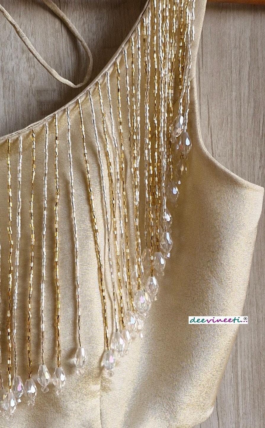 Light Gold Tissue Silk Round Neck Blouse with Fringes DVBL_353