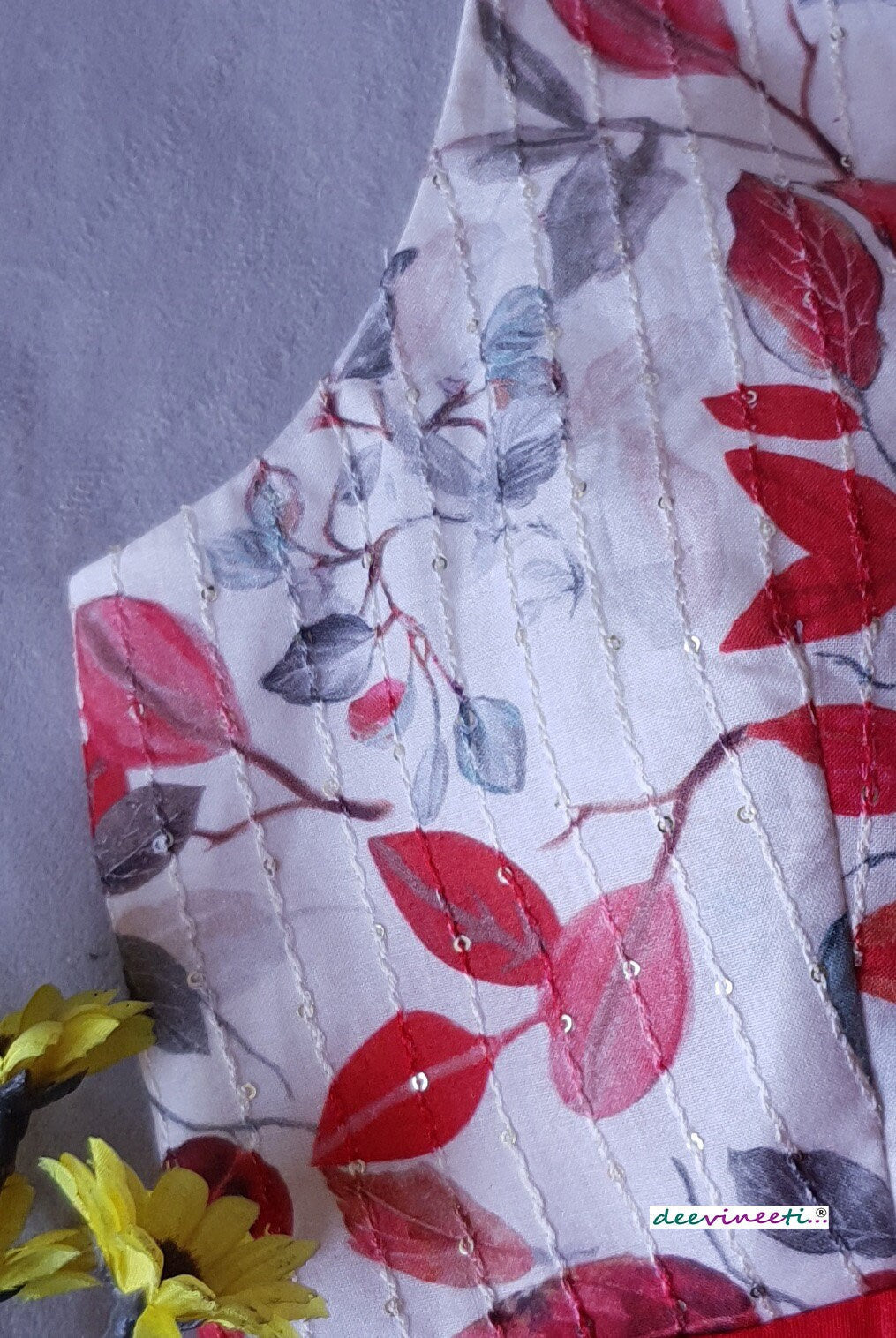 Floral Print Off White and Red Tie Blouse DVBL_180
