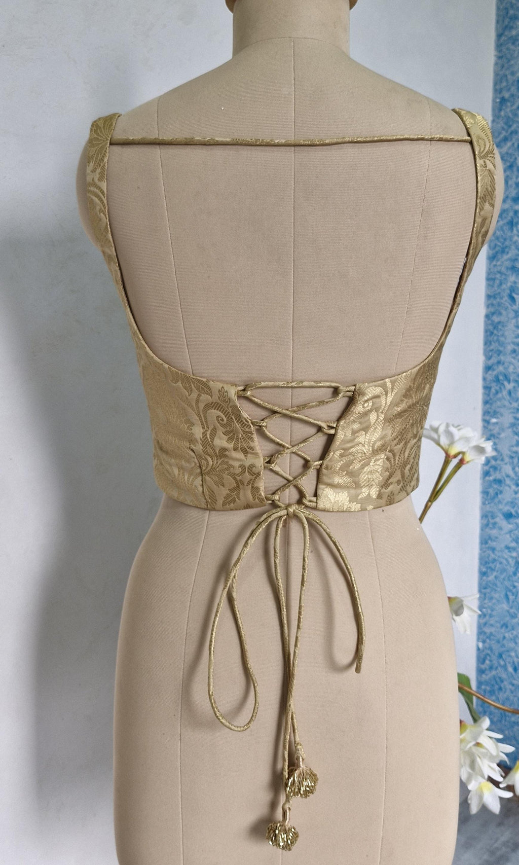 Beige Gold Brocade Silk Corset Blouse DVCB_001