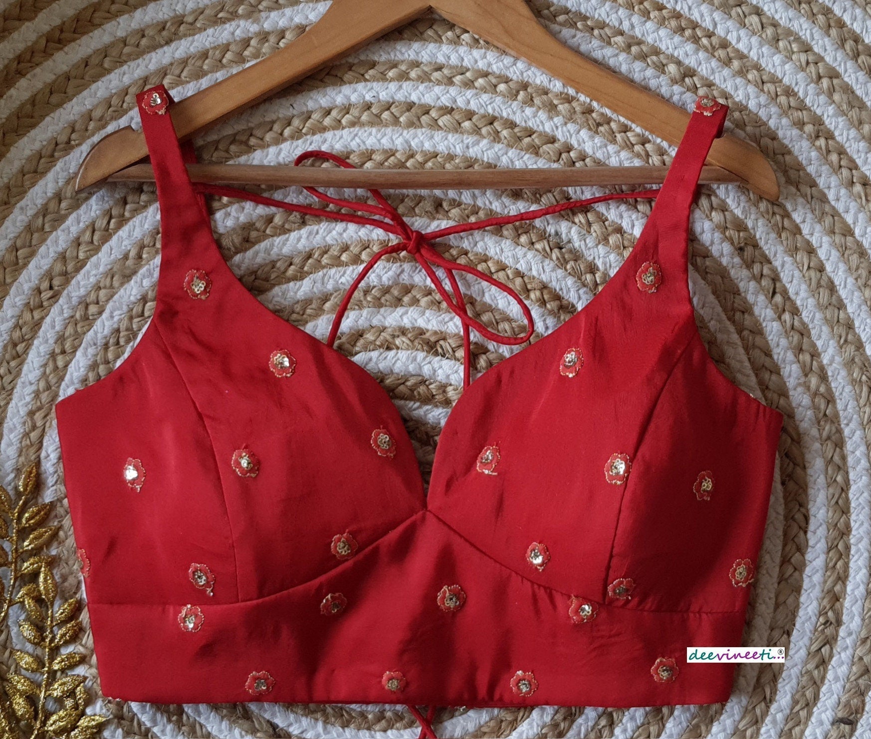 Embroidered Red Silk Deep Sweetheart Neck Blouse DVBL_160