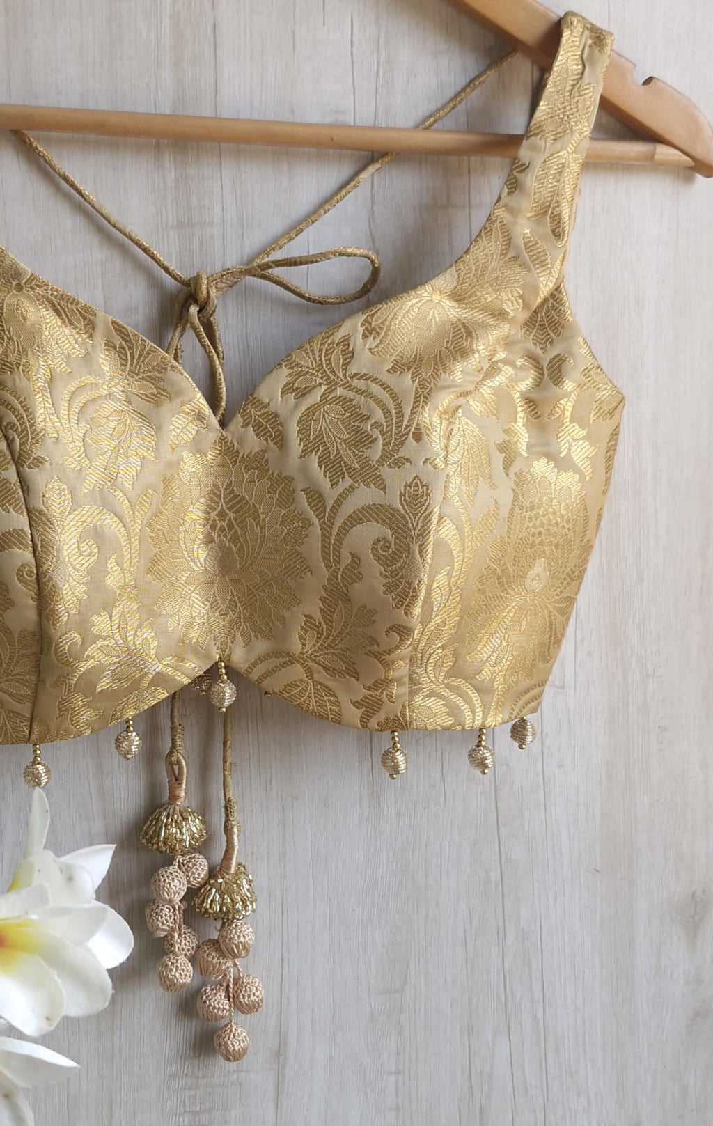 Gold Beige Banarasi Brocade Sweetheart Neck Blouse DVBL_411